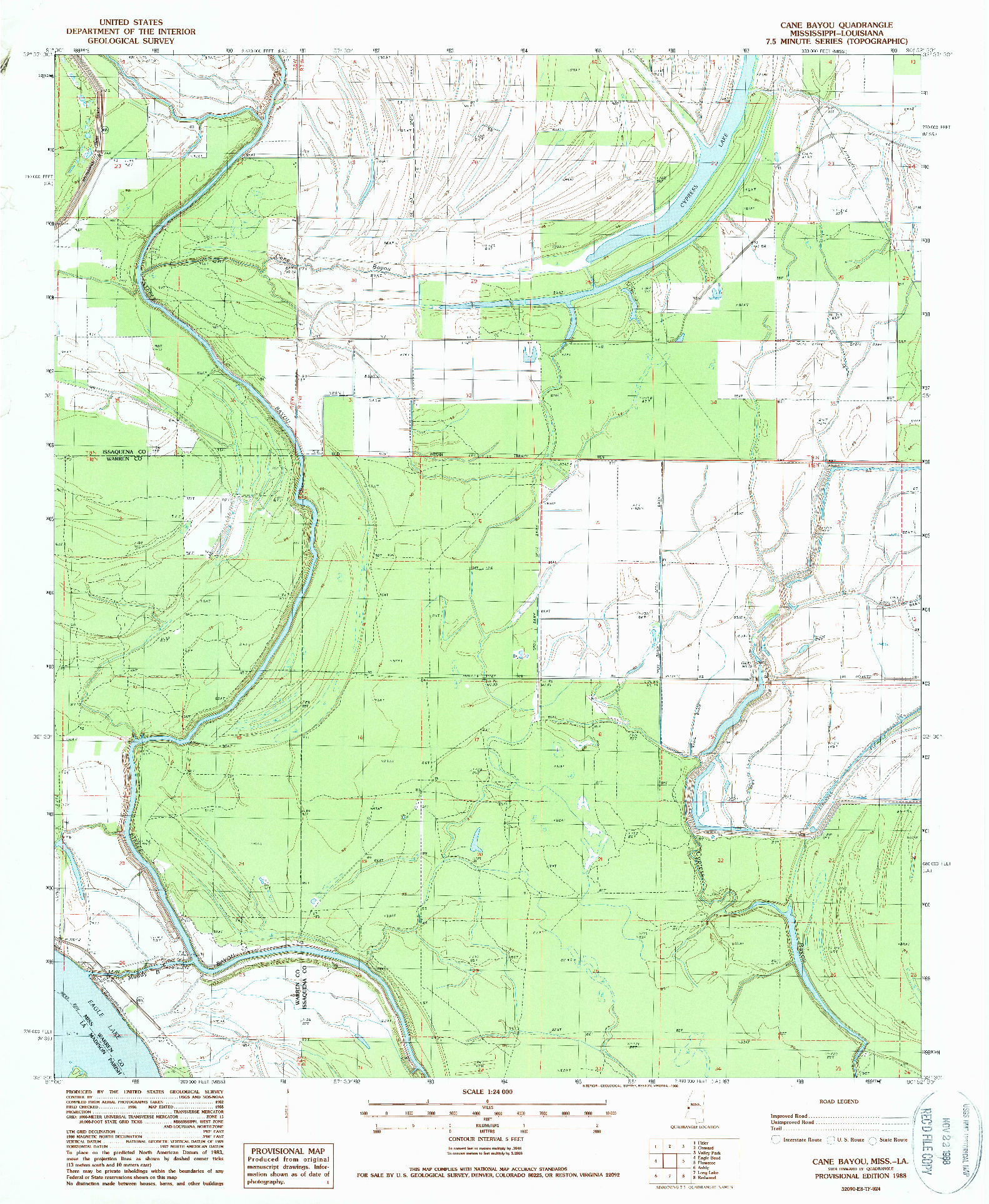 USGS 1:24000-SCALE QUADRANGLE FOR CANE BAYOU, MS 1988