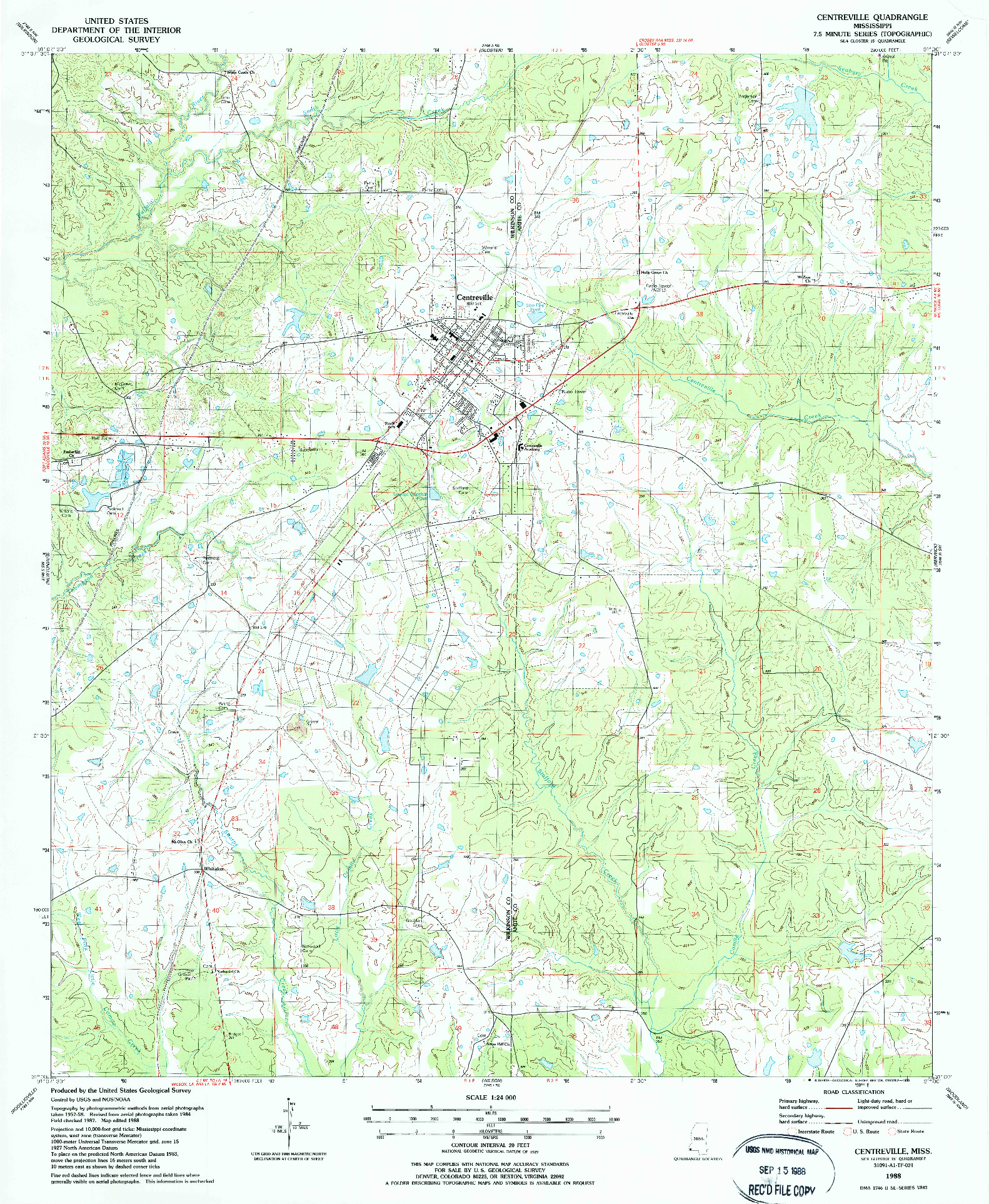 USGS 1:24000-SCALE QUADRANGLE FOR CENTREVILLE, MS 1988