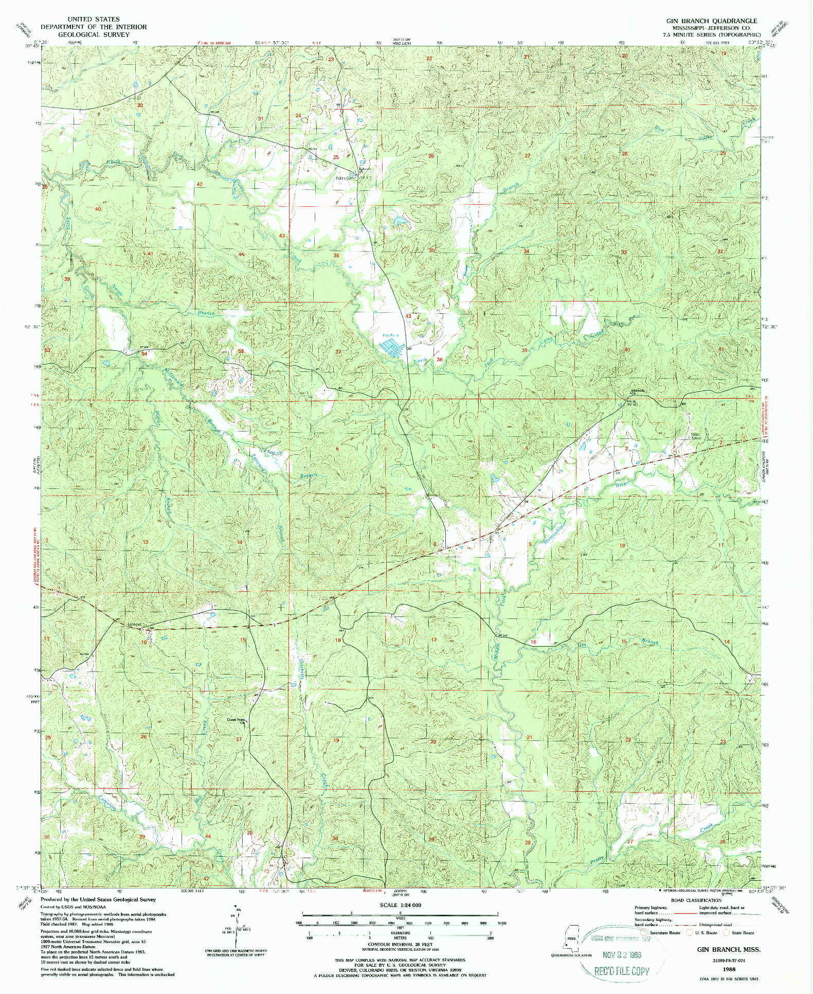 USGS 1:24000-SCALE QUADRANGLE FOR GIN BRANCH, MS 1988
