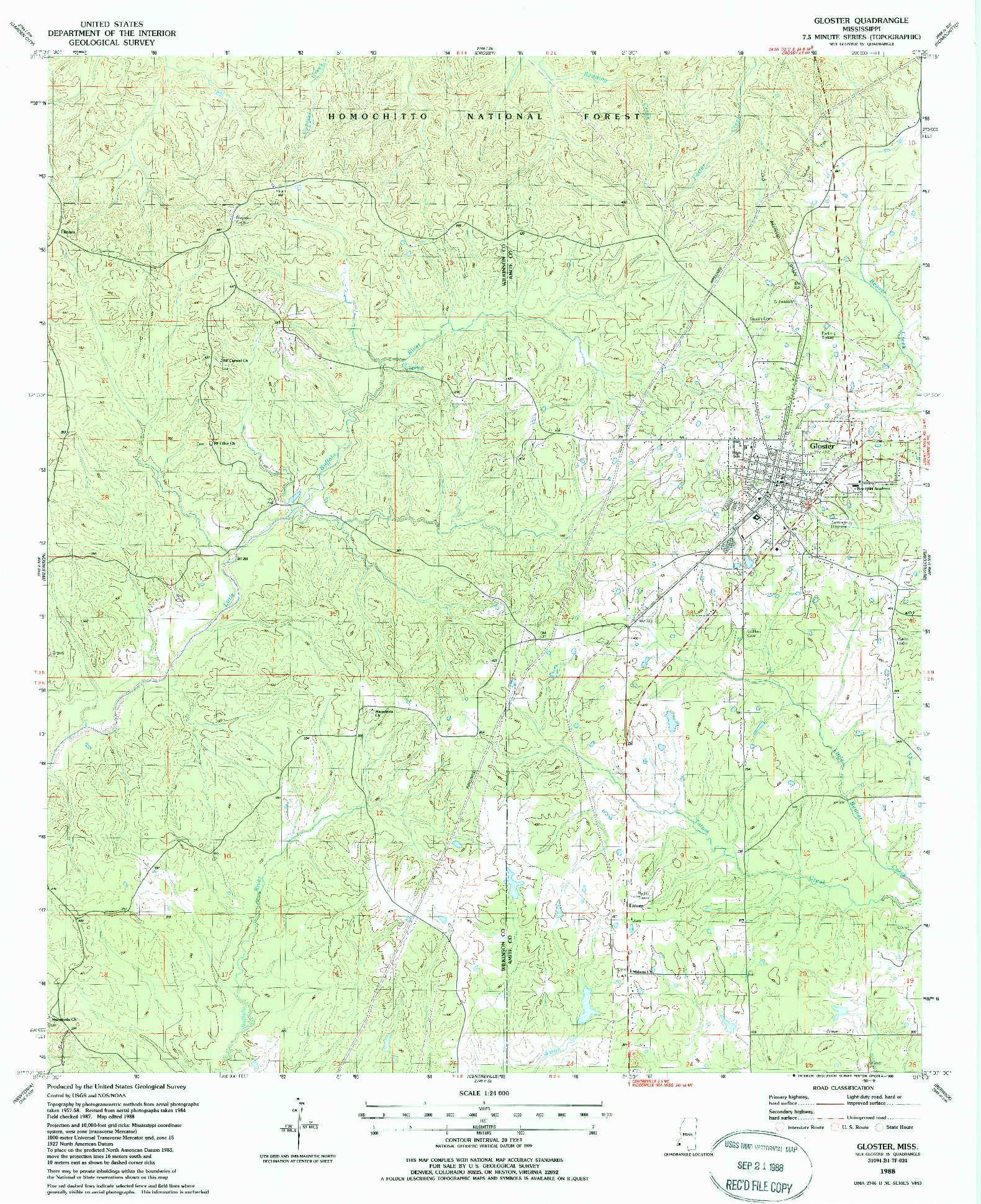 USGS 1:24000-SCALE QUADRANGLE FOR GLOSTER, MS 1988
