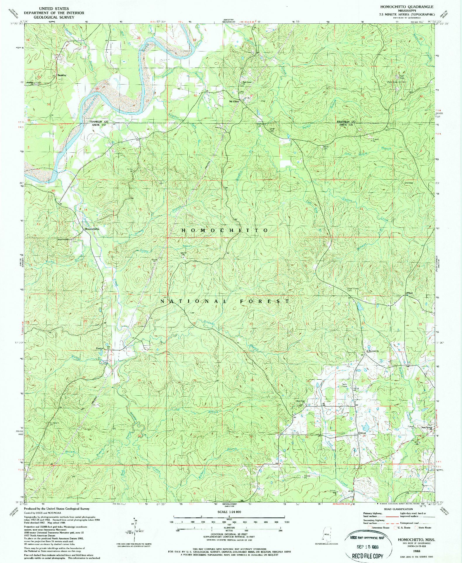 USGS 1:24000-SCALE QUADRANGLE FOR HOMOCHITTO, MS 1988