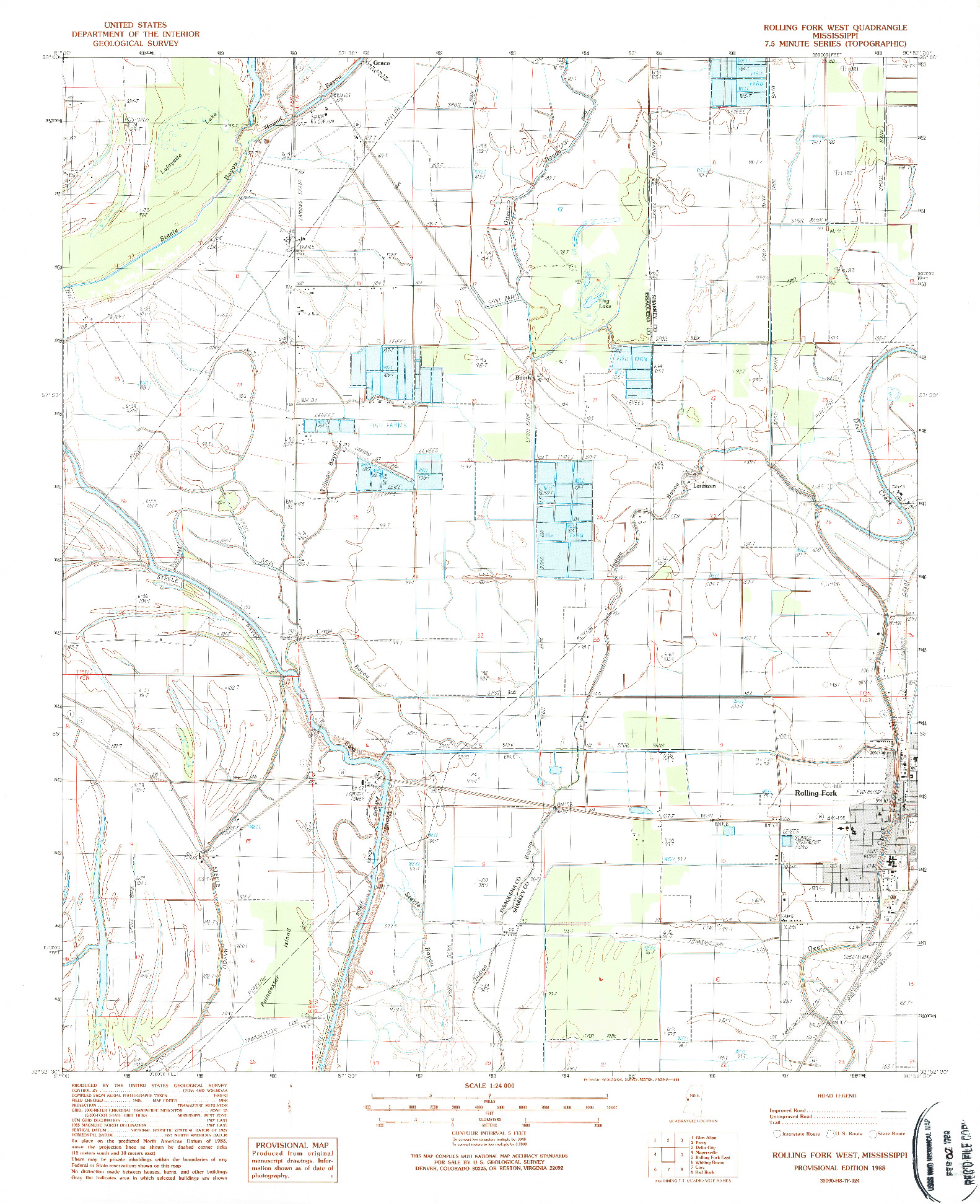 USGS 1:24000-SCALE QUADRANGLE FOR ROLLING FORK WEST, MS 1988