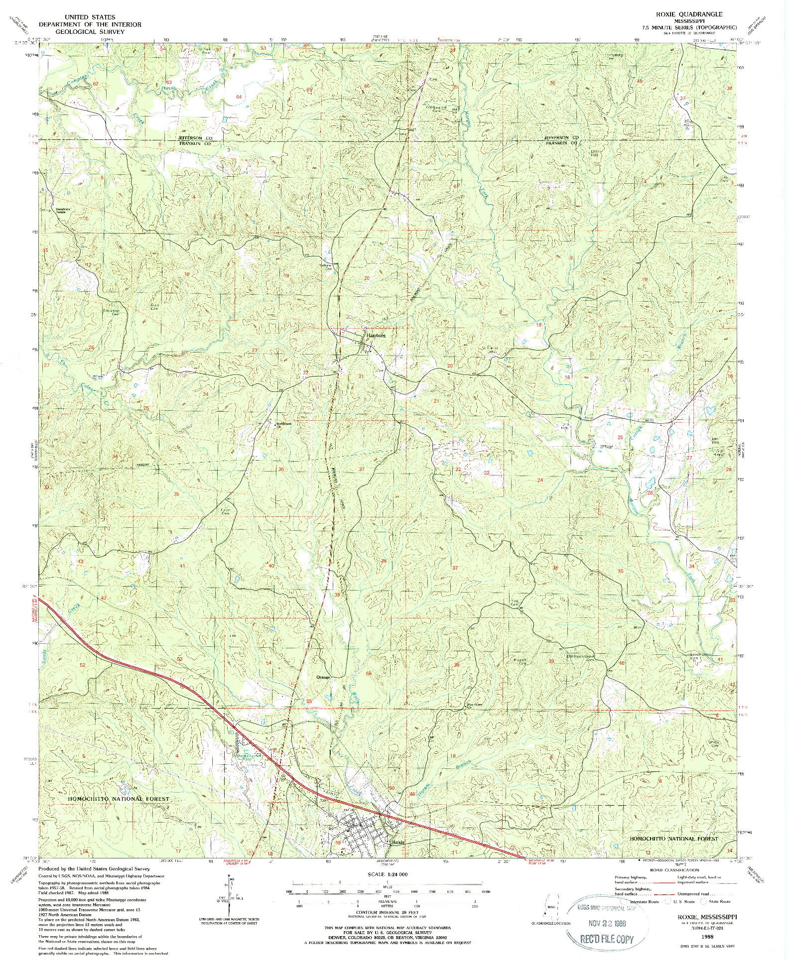 USGS 1:24000-SCALE QUADRANGLE FOR ROXIE, MS 1988