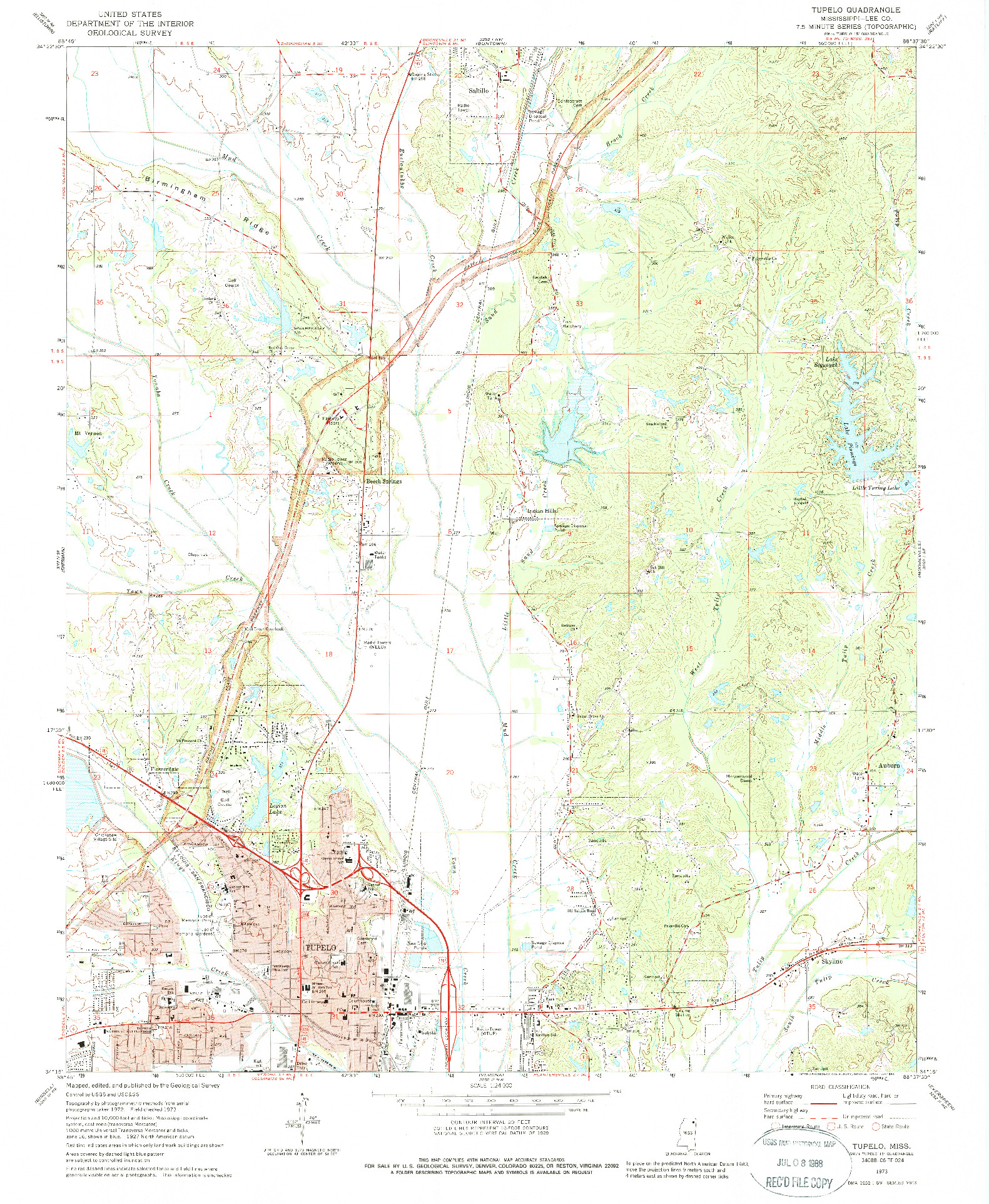 USGS 1:24000-SCALE QUADRANGLE FOR TUPELO, MS 1973