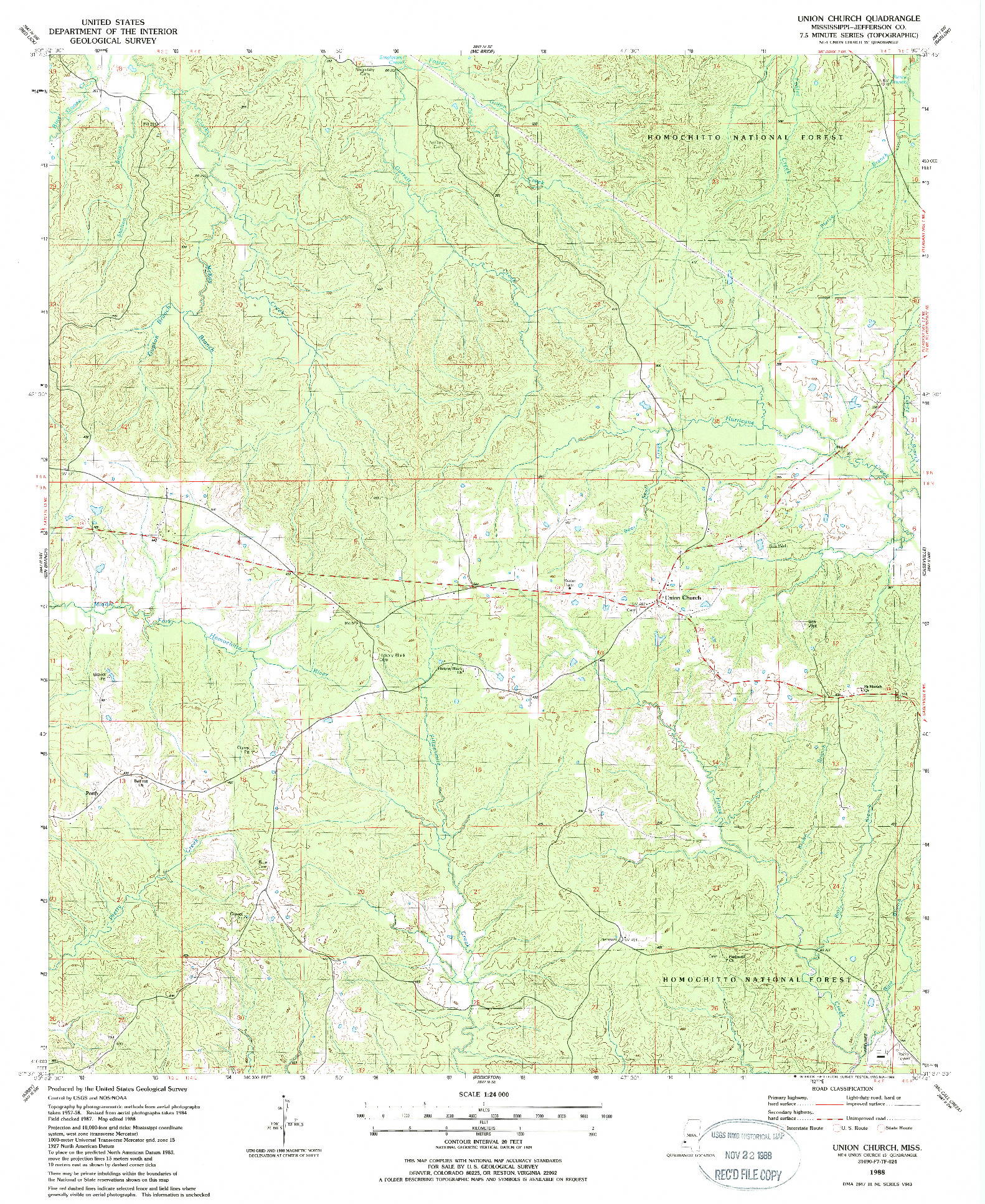 USGS 1:24000-SCALE QUADRANGLE FOR UNION CHURCH, MS 1988