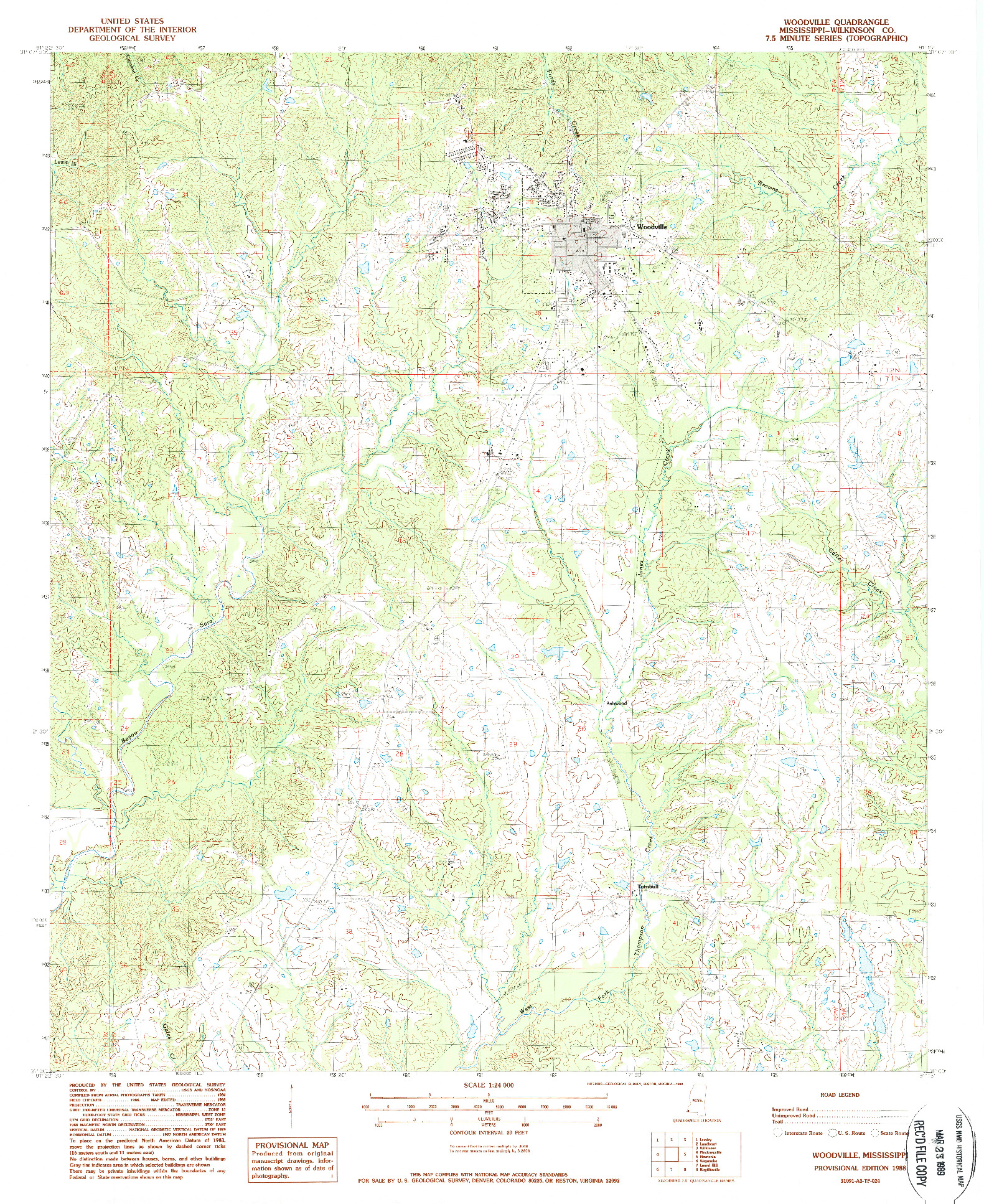 USGS 1:24000-SCALE QUADRANGLE FOR WOODVILLE, MS 1988