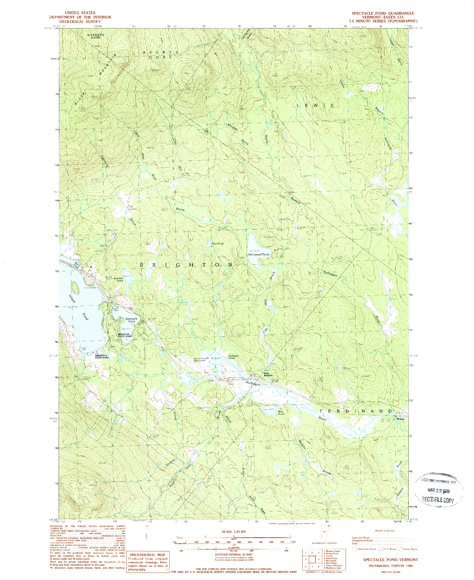 USGS 1:24000-SCALE QUADRANGLE FOR SPECTACLE POND, VT 1988