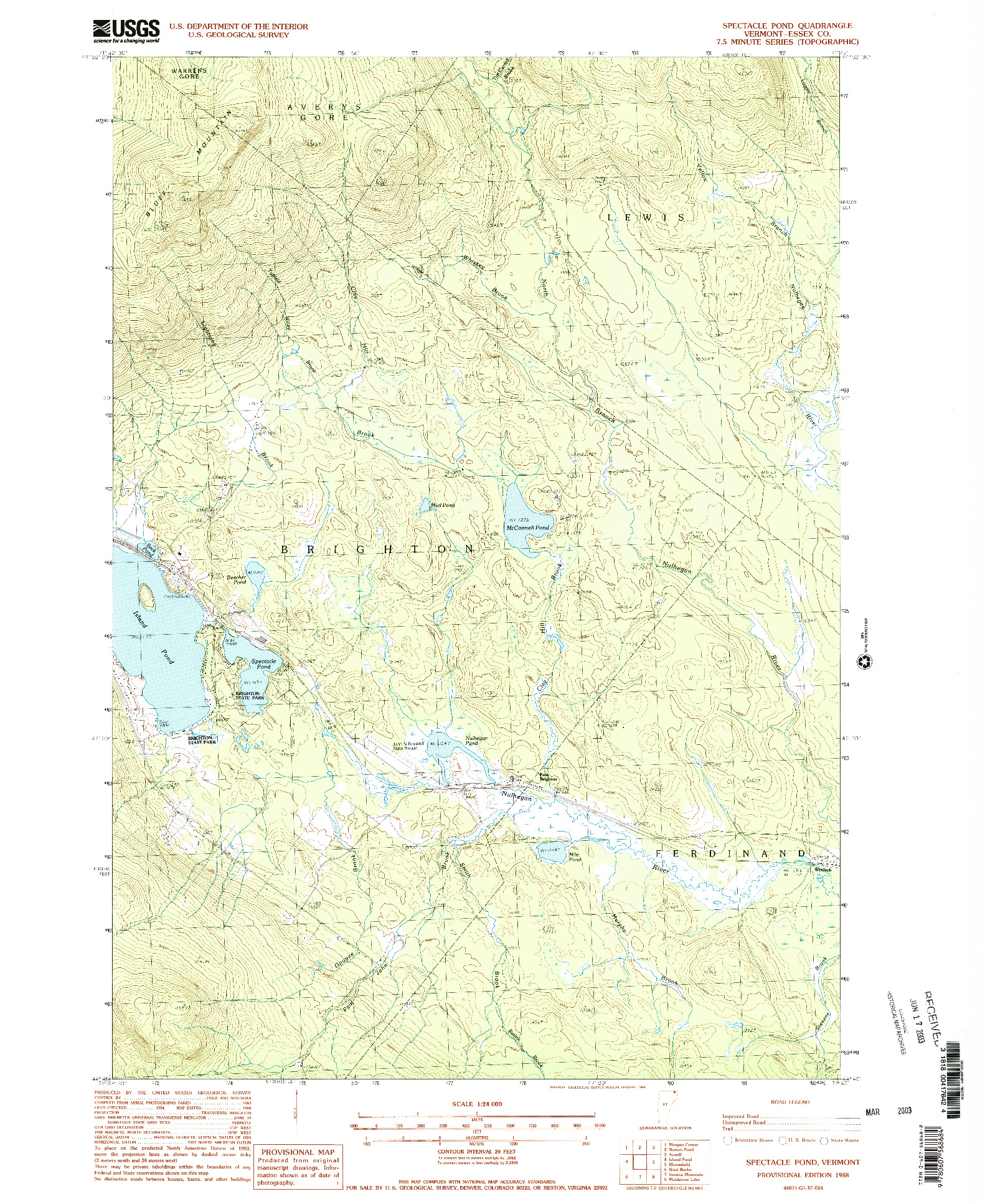 USGS 1:24000-SCALE QUADRANGLE FOR SPECTACLE POND, VT 1988