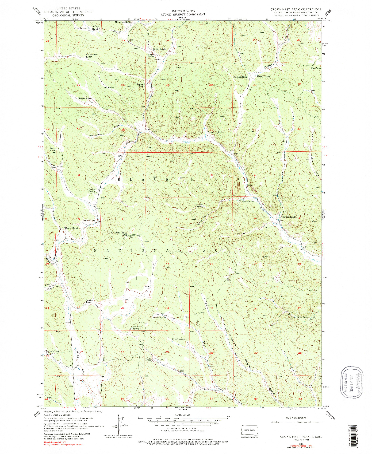 USGS 1:24000-SCALE QUADRANGLE FOR CROWS NEST PEAK, SD 1956