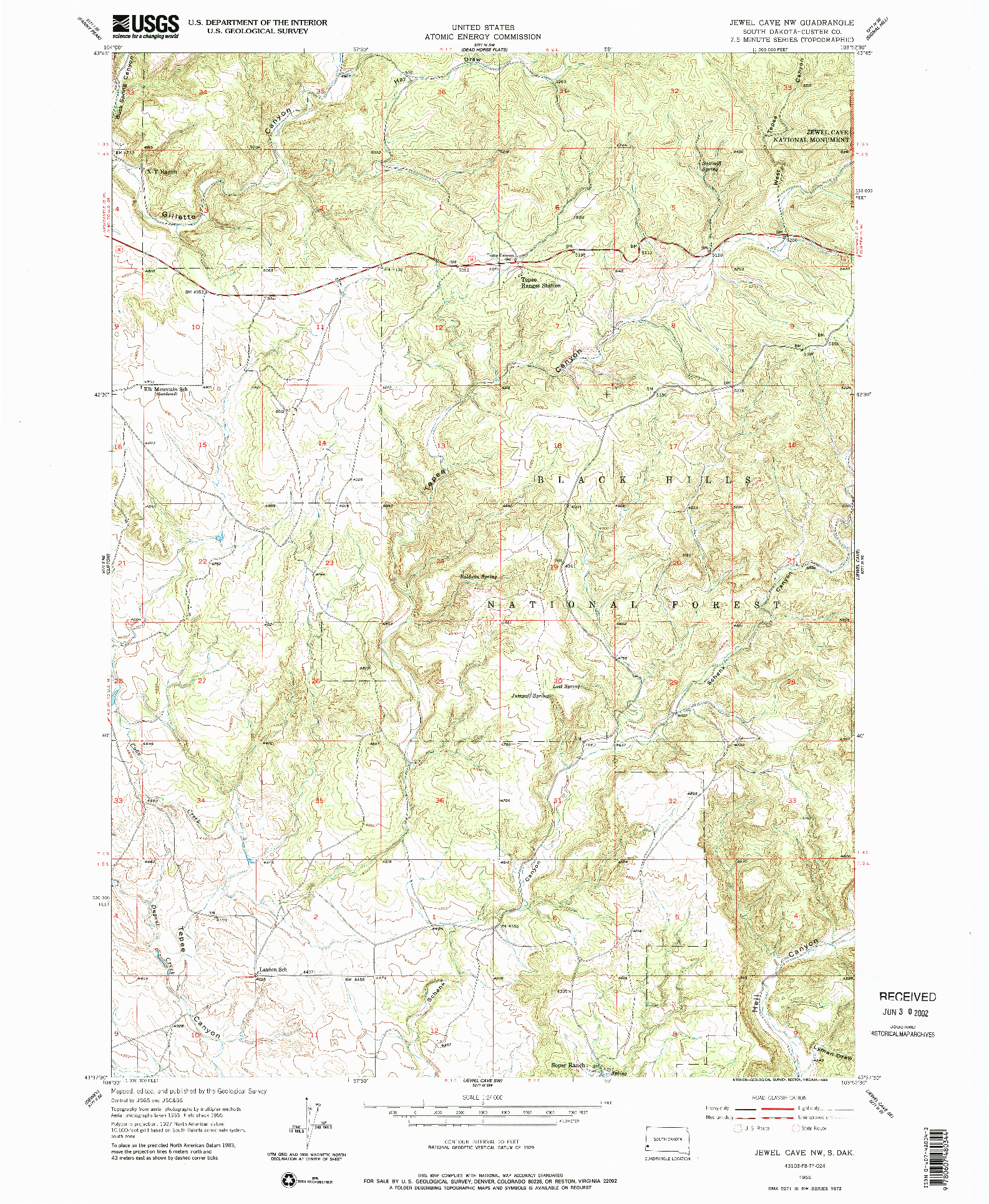 USGS 1:24000-SCALE QUADRANGLE FOR JEWEL CAVE NW, SD 1955