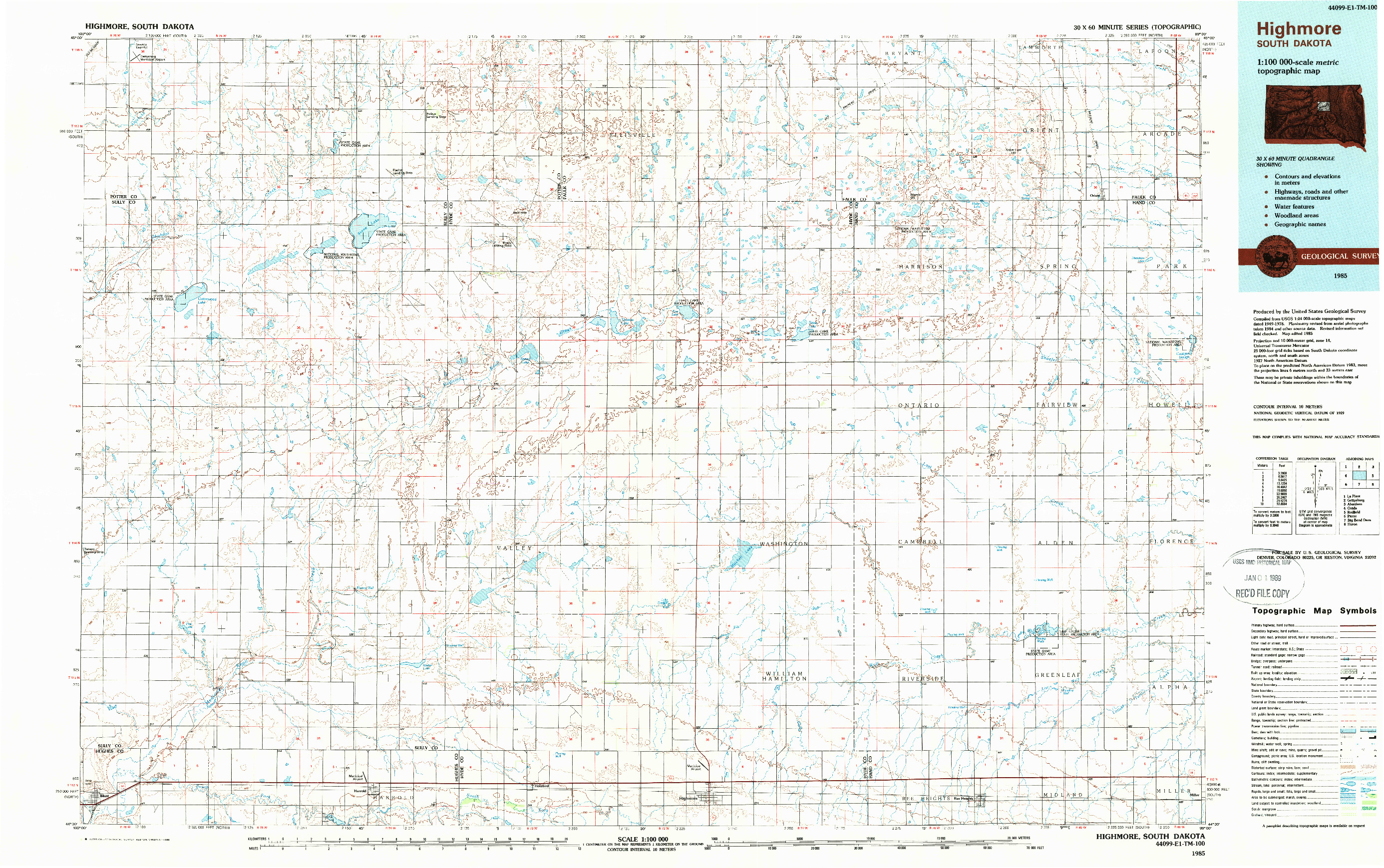 USGS 1:100000-SCALE QUADRANGLE FOR HIGHMORE, SD 1985