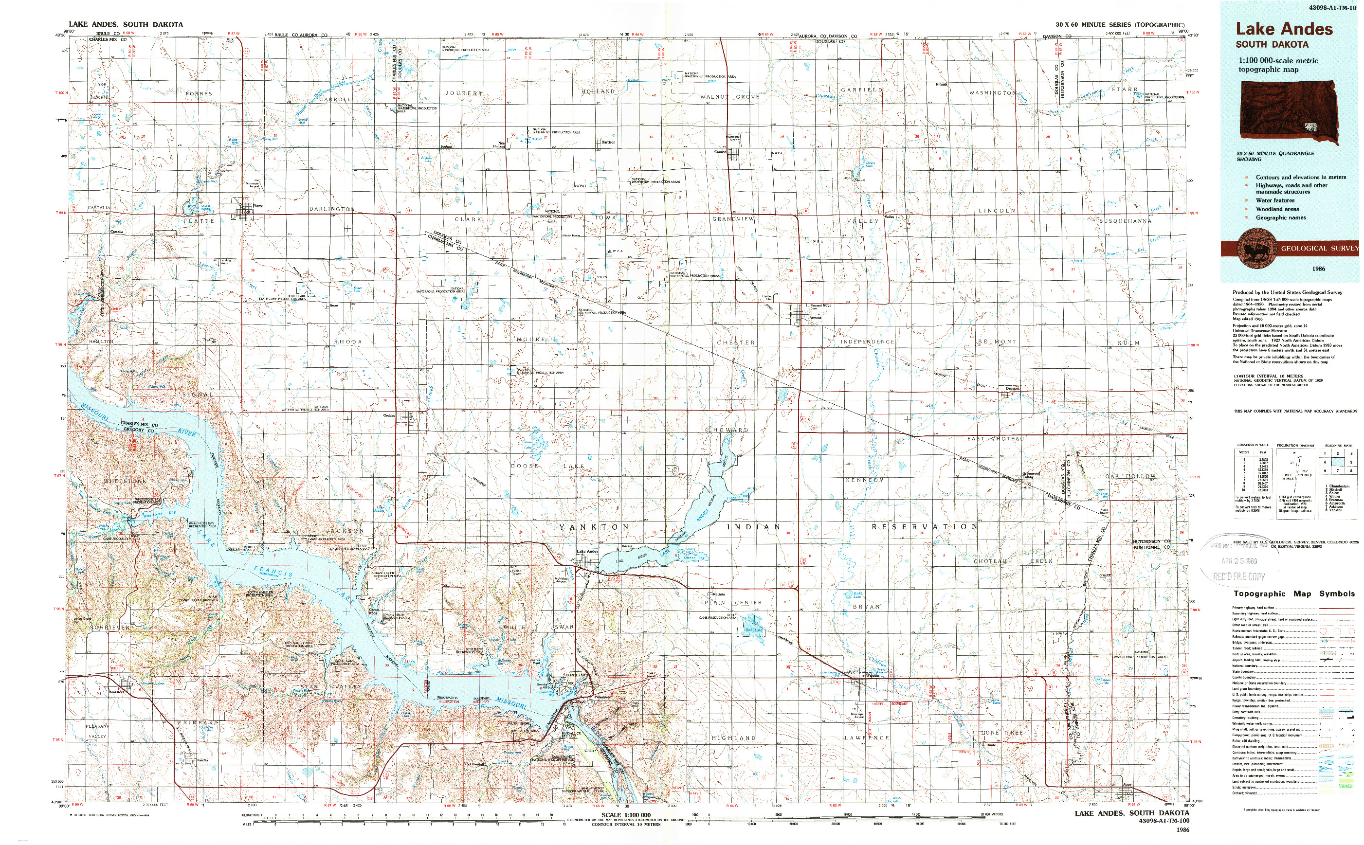 USGS 1:100000-SCALE QUADRANGLE FOR LAKE ANDES, SD 1986