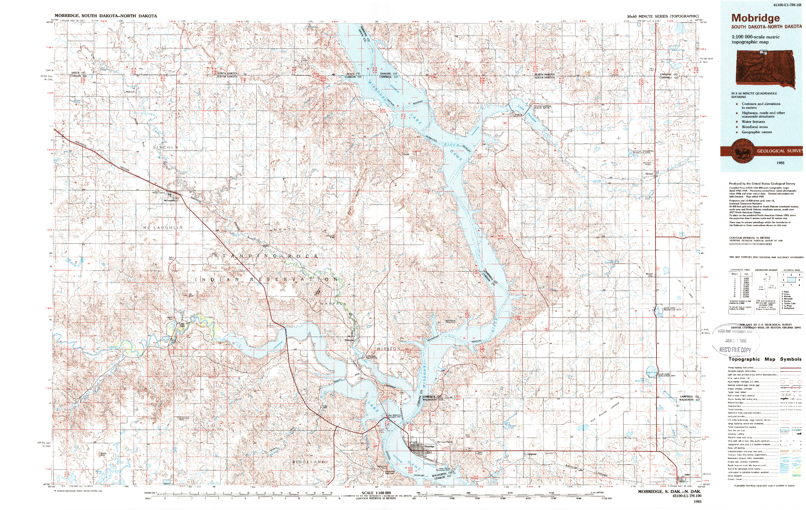 USGS 1:100000-SCALE QUADRANGLE FOR MOBRIDGE, SD 1985