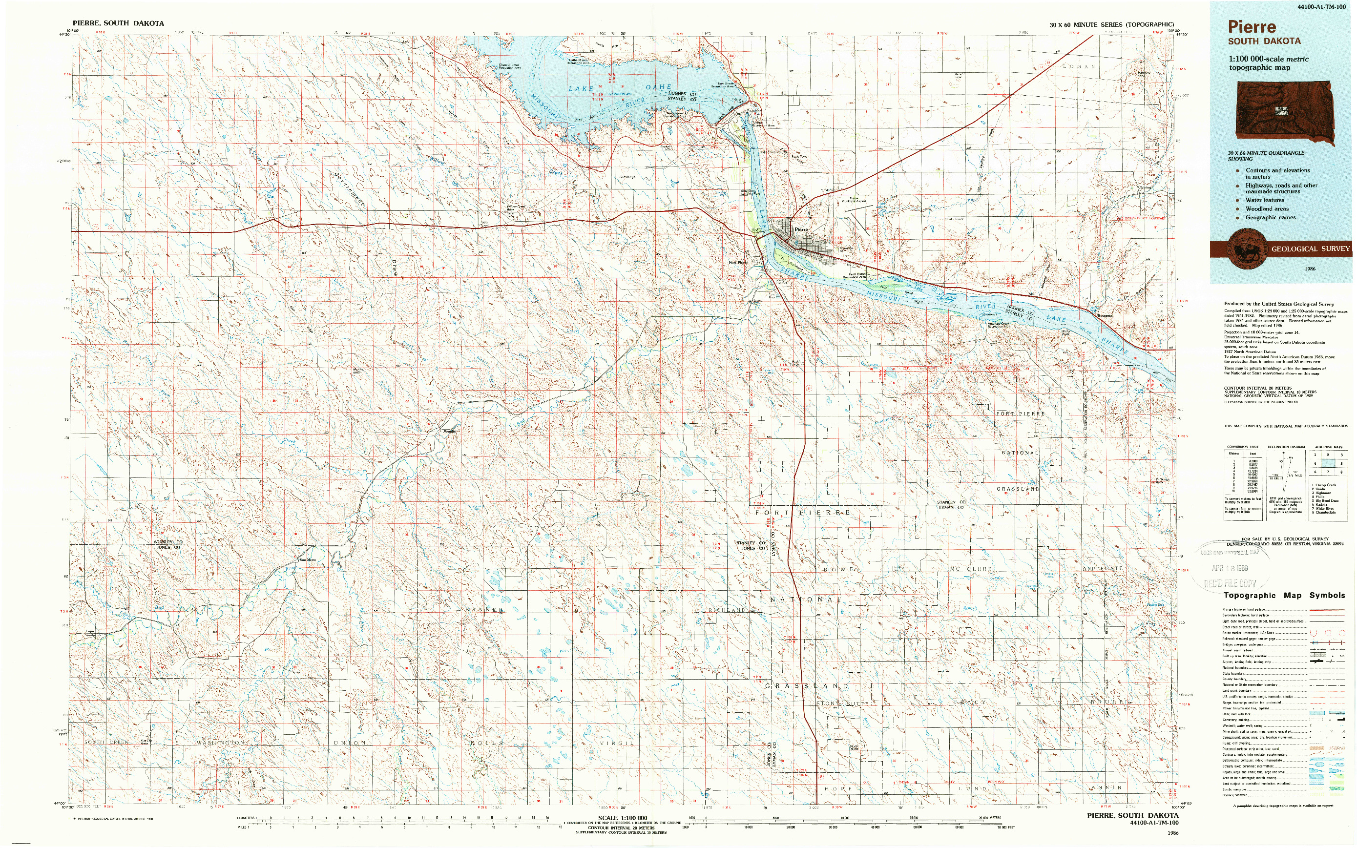 USGS 1:100000-SCALE QUADRANGLE FOR PIERRE, SD 1986