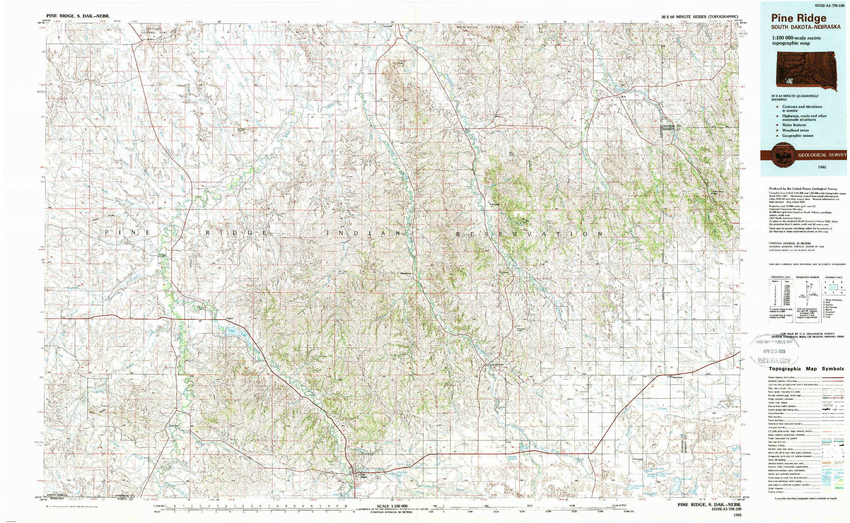 USGS 1:100000-SCALE QUADRANGLE FOR PINE RIDGE, SD 1985