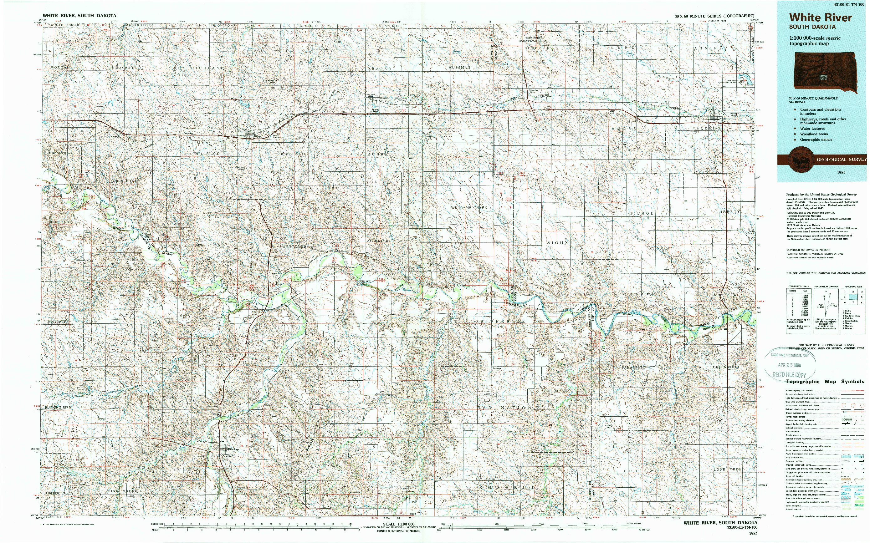 USGS 1:100000-SCALE QUADRANGLE FOR WHITE RIVER, SD 1985