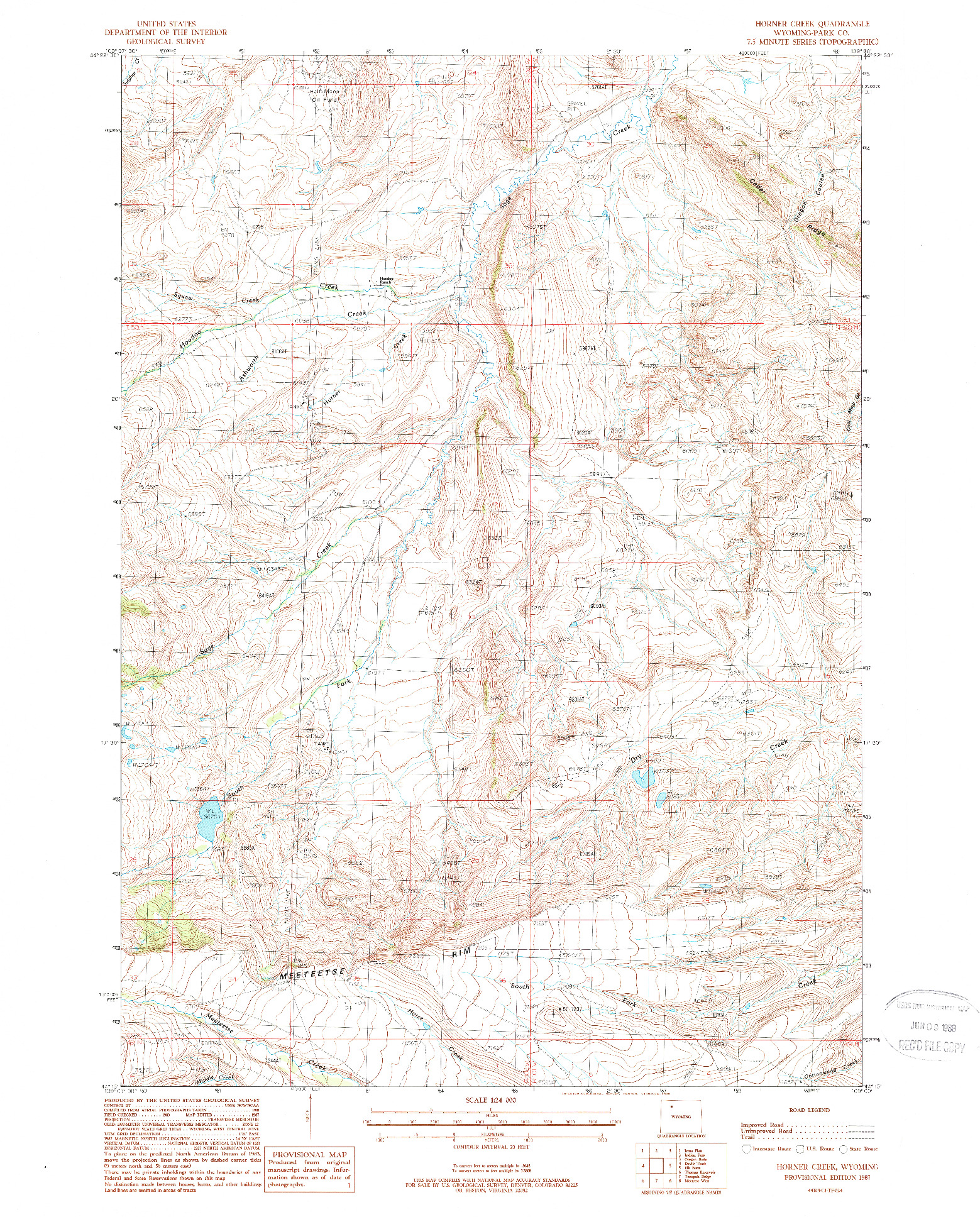 USGS 1:24000-SCALE QUADRANGLE FOR HORNER CREEK, WY 1987