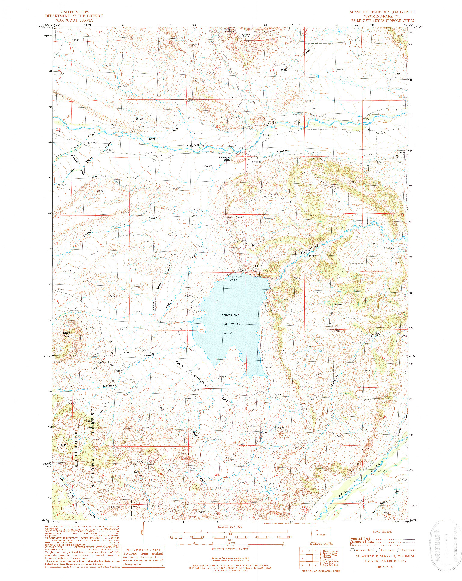 USGS 1:24000-SCALE QUADRANGLE FOR SUNSHINE RESERVOIR, WY 1987