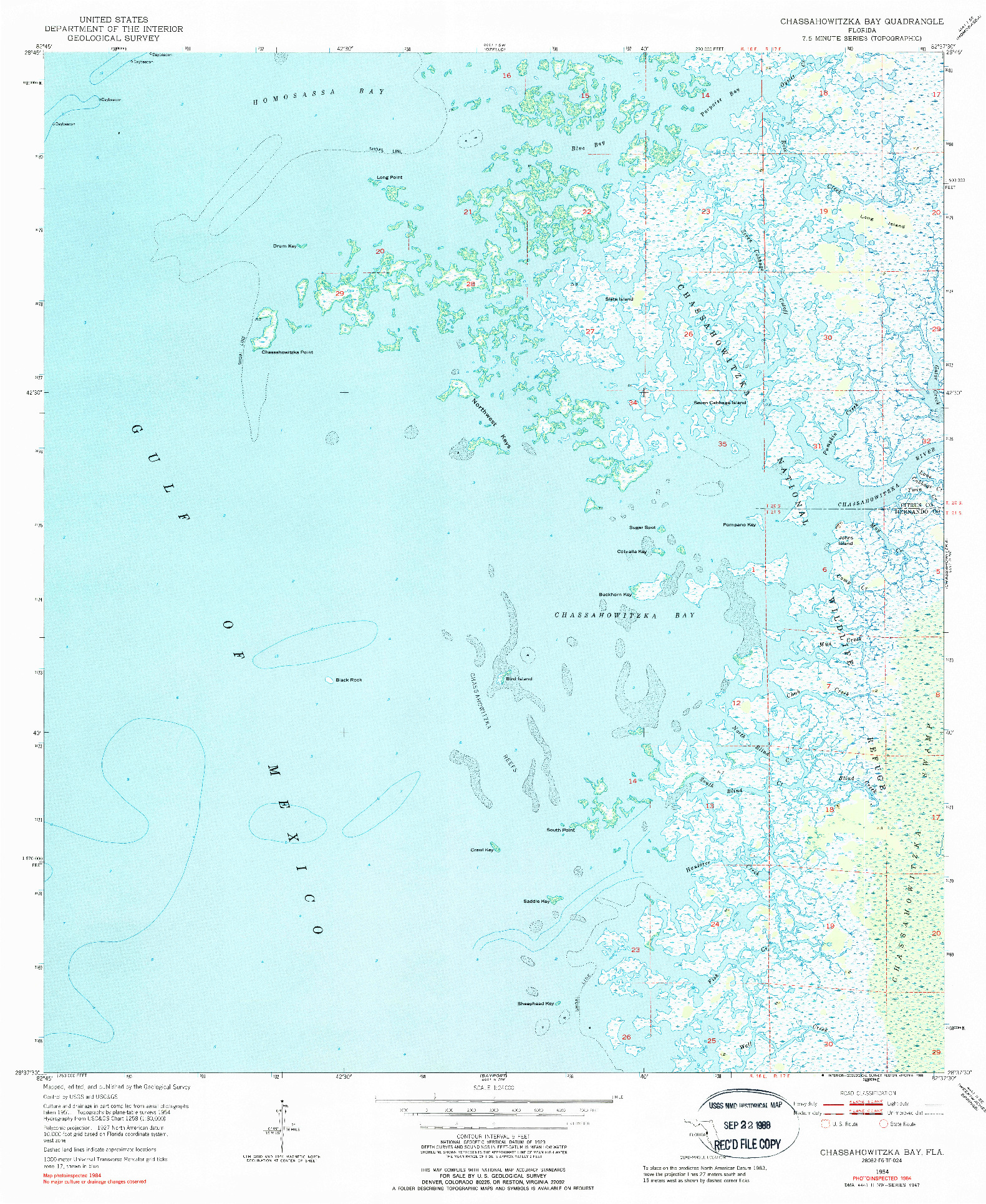 USGS 1:24000-SCALE QUADRANGLE FOR CHASSAHOWITZKA BAY, FL 1954