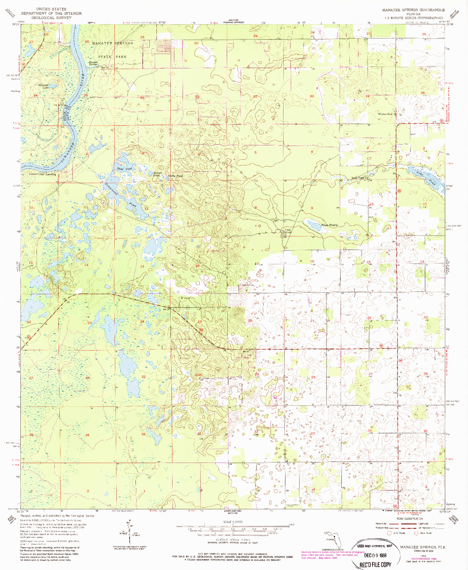 USGS 1:24000-SCALE QUADRANGLE FOR MANATEE SPRINGS, FL 1954