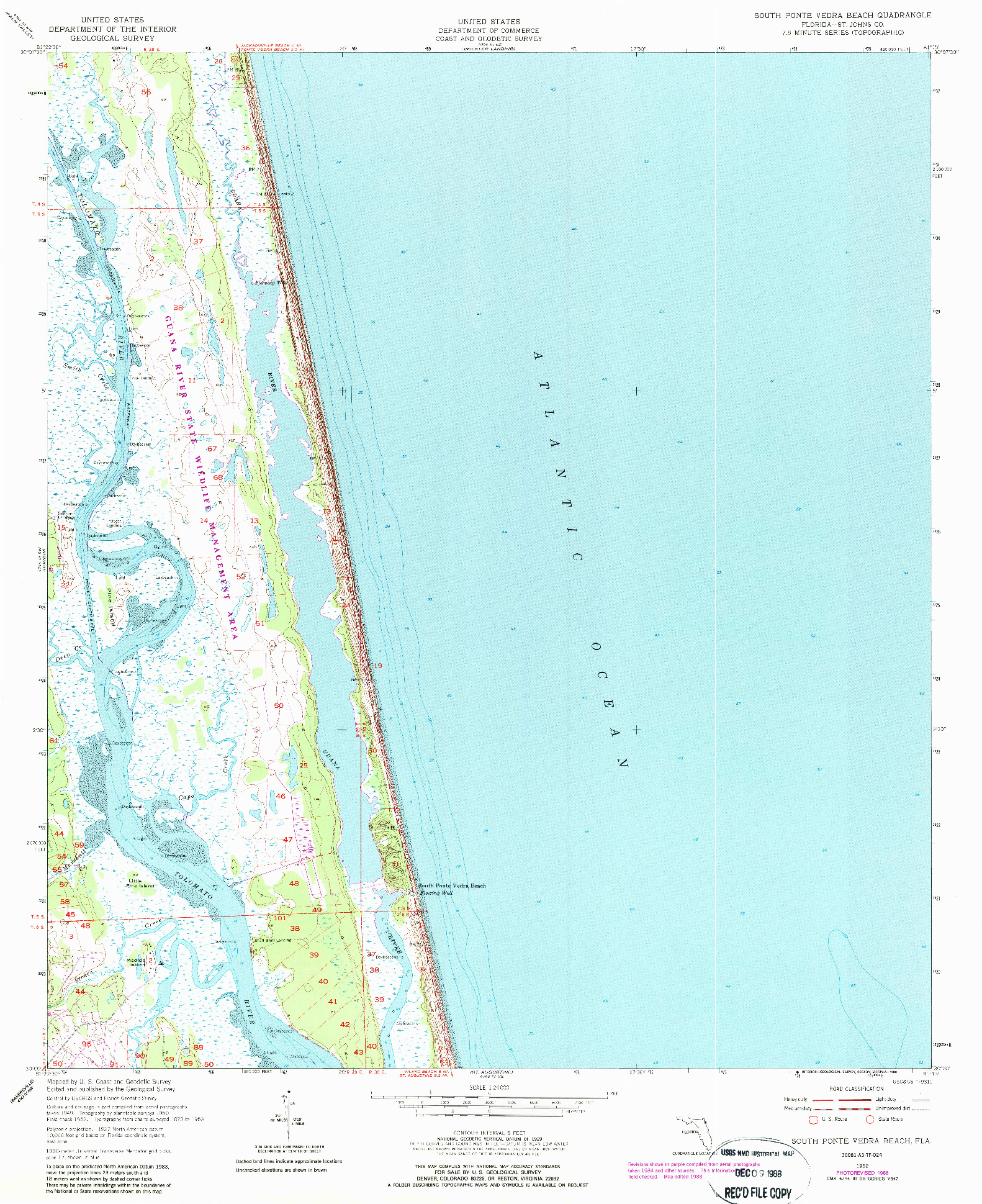 USGS 1:24000-SCALE QUADRANGLE FOR SOUTH PONTE VEDRA BEACH, FL 1952