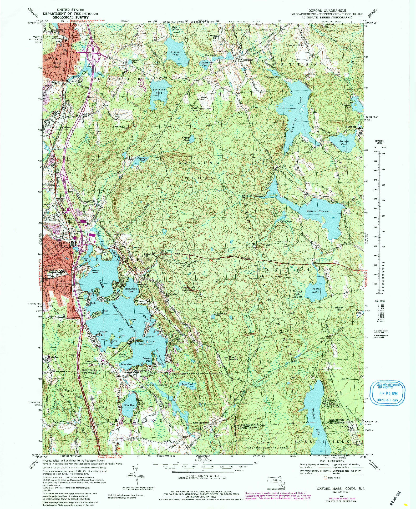 USGS 1:24000-SCALE QUADRANGLE FOR OXFORD, MA 1969