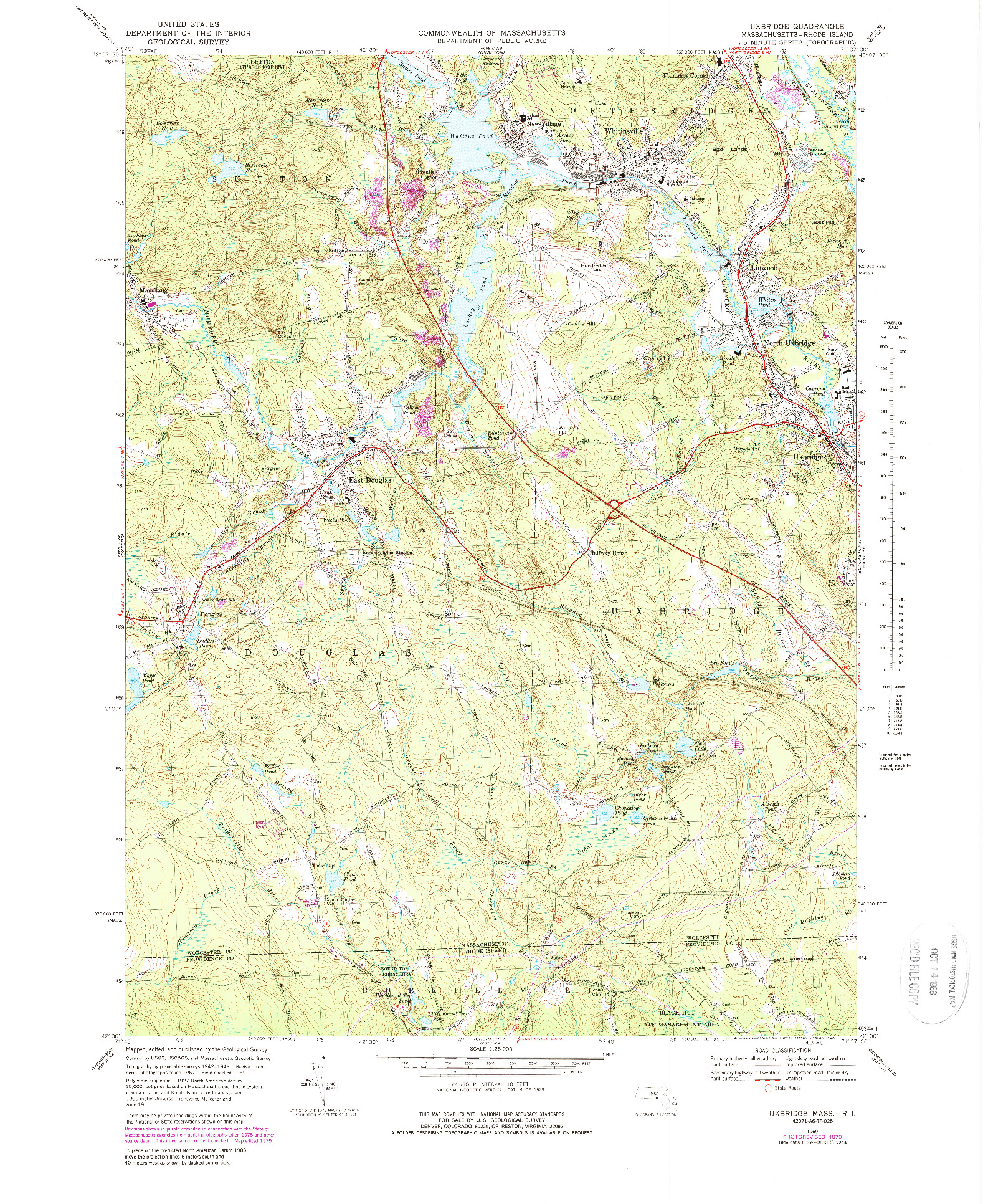 USGS 1:25000-SCALE QUADRANGLE FOR UXBRIDGE, MA 1969