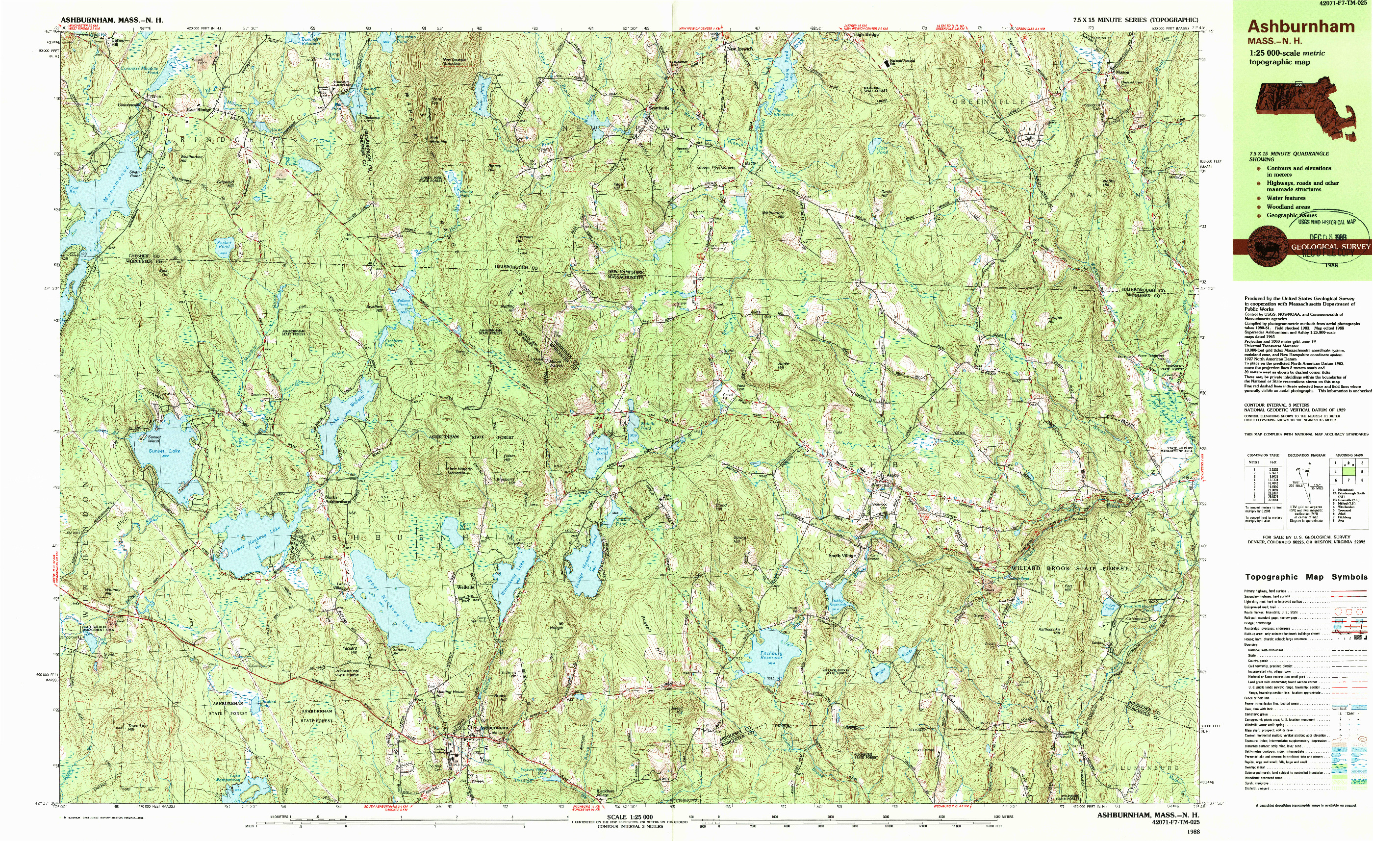 USGS 1:25000-SCALE QUADRANGLE FOR ASHBURNHAM, MA 1988