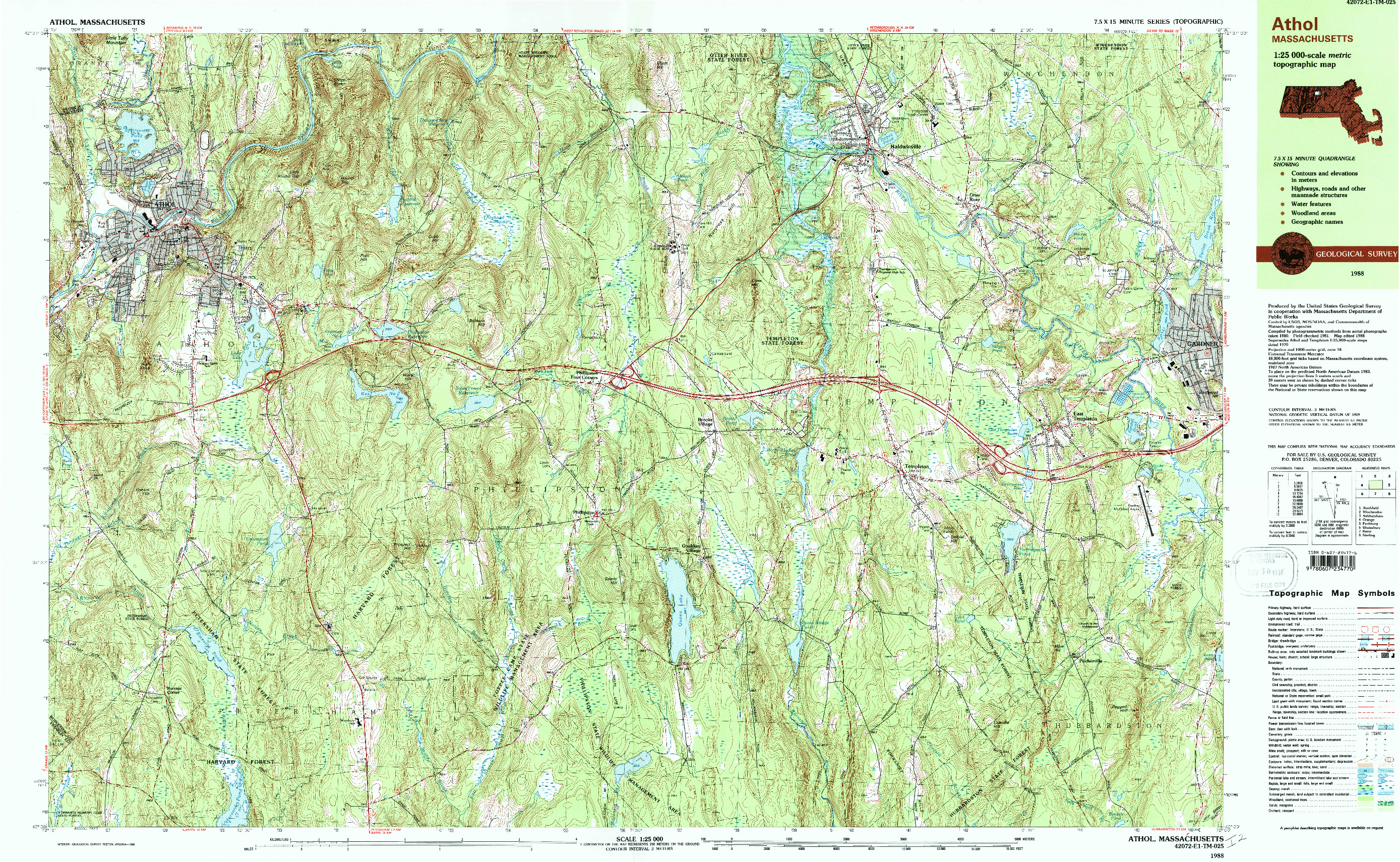 USGS 1:25000-SCALE QUADRANGLE FOR ATHOL, MA 1988