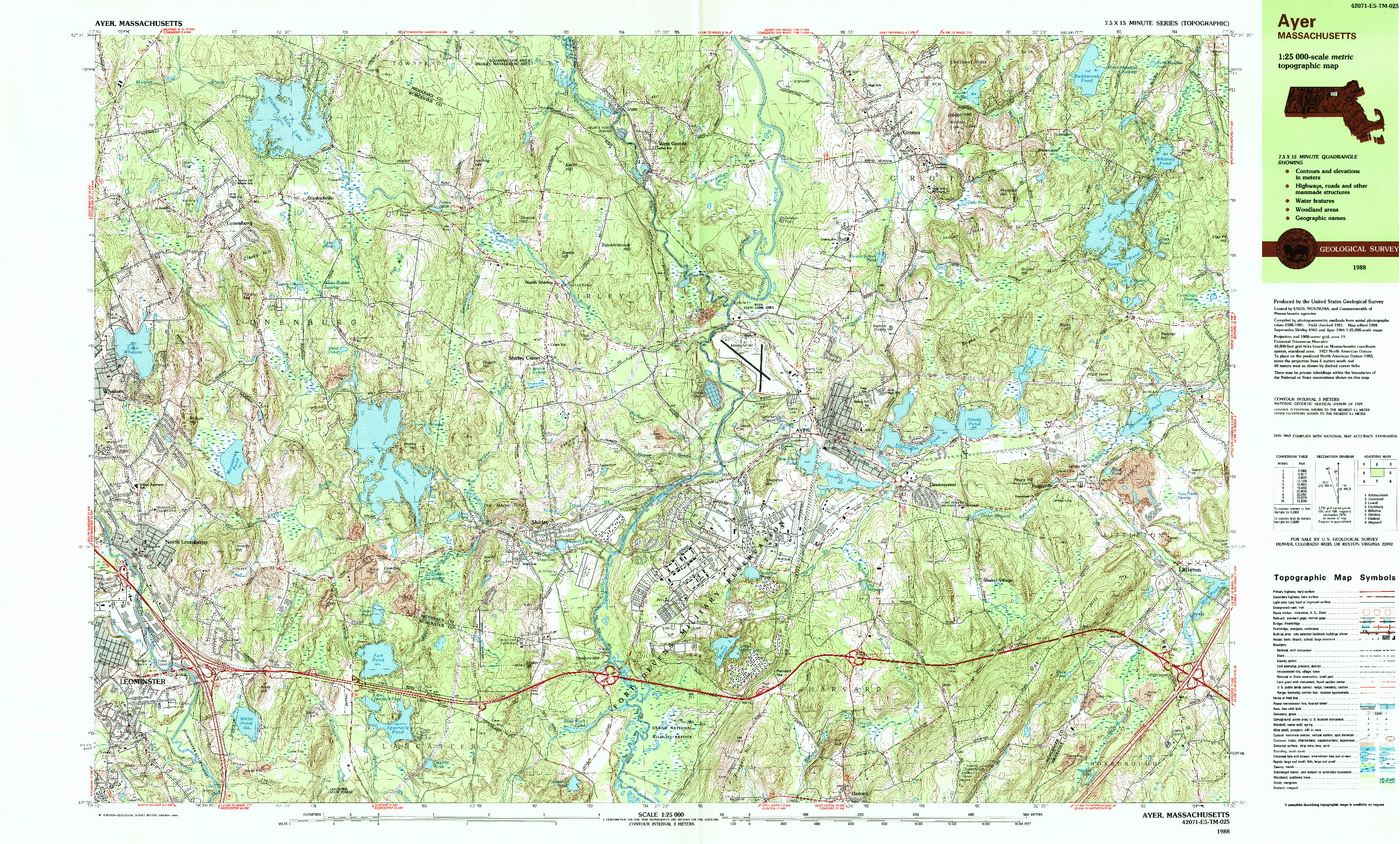 USGS 1:25000-SCALE QUADRANGLE FOR AYER, MA 1988