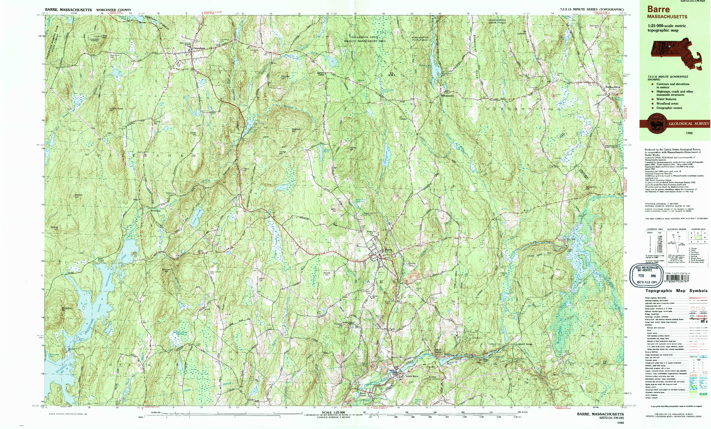 USGS 1:25000-SCALE QUADRANGLE FOR BARRE, MA 1988