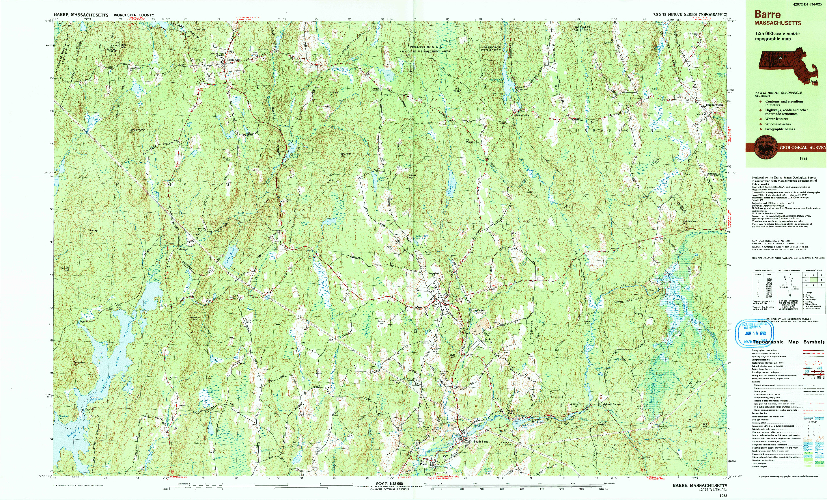 USGS 1:25000-SCALE QUADRANGLE FOR BARRE, MA 1988