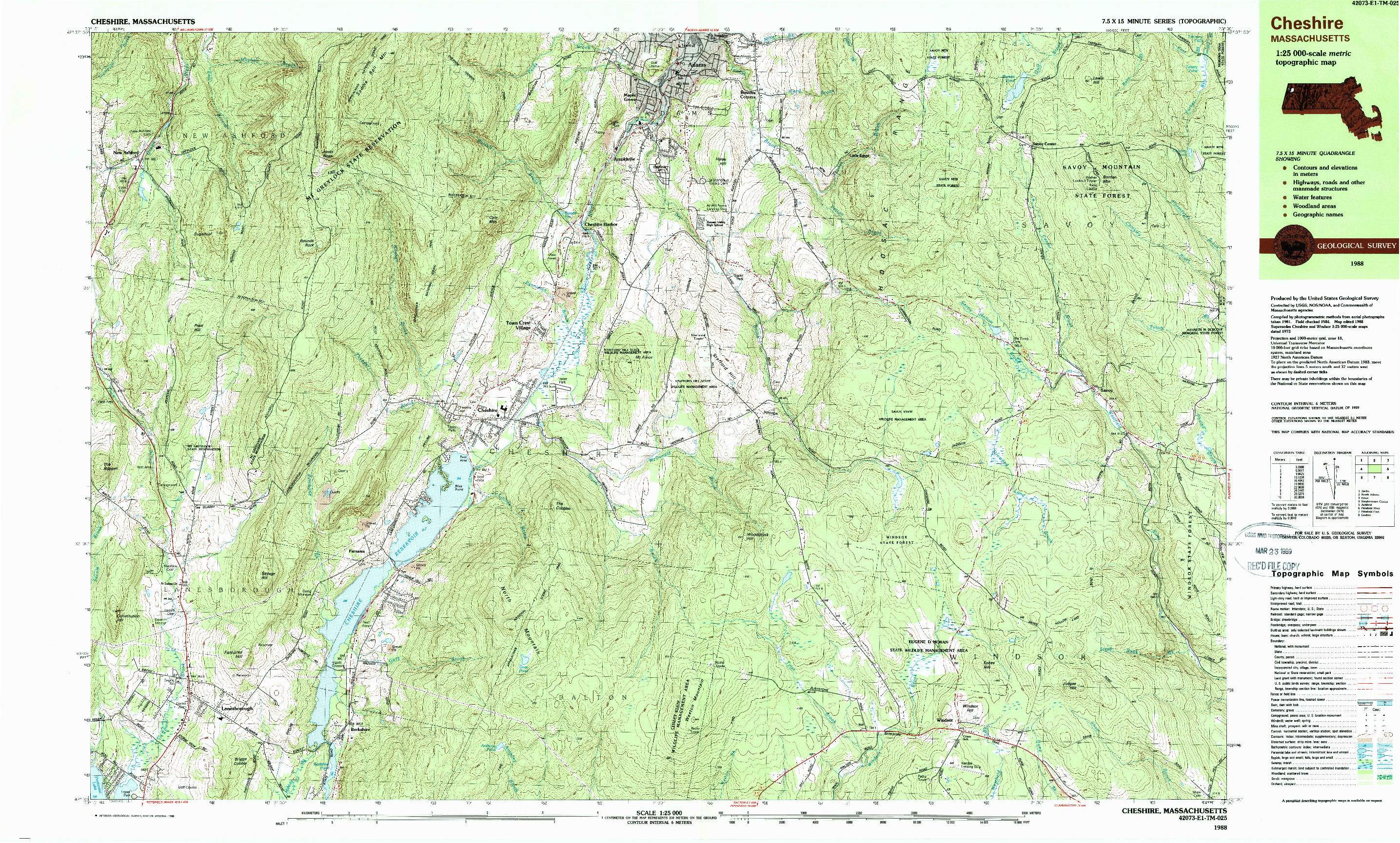 USGS 1:25000-SCALE QUADRANGLE FOR CHESHIRE, MA 1988