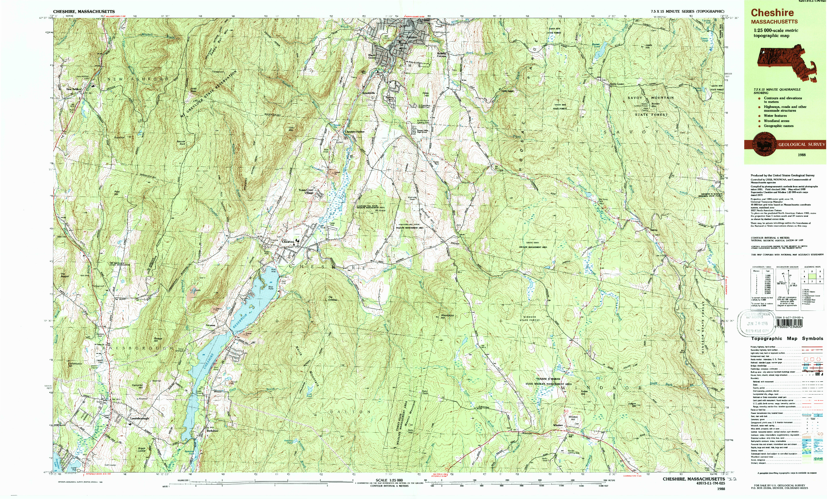 USGS 1:25000-SCALE QUADRANGLE FOR CHESHIRE, MA 1988