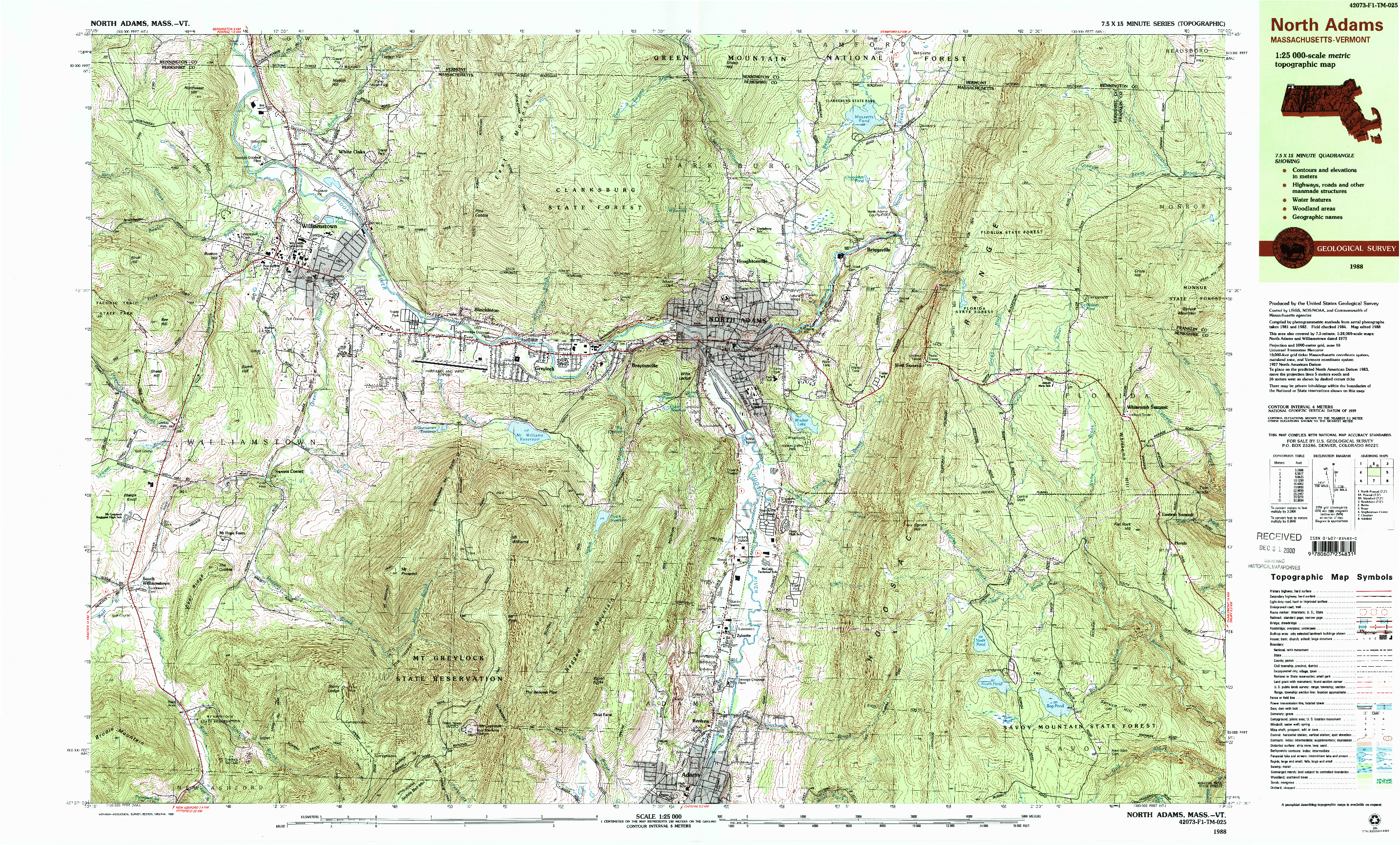 USGS 1:25000-SCALE QUADRANGLE FOR NORTH ADAMS, MA 1988