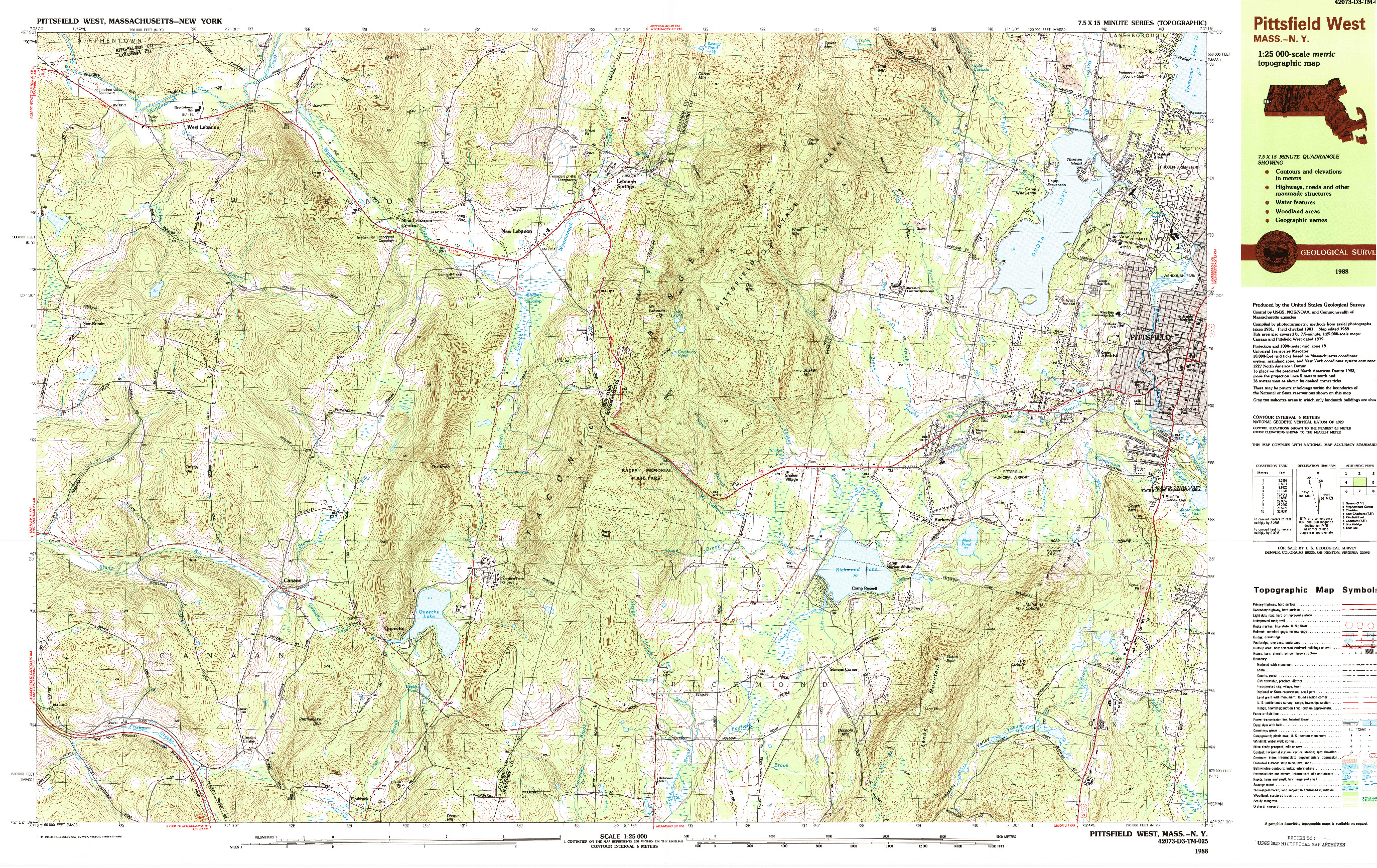 USGS 1:25000-SCALE QUADRANGLE FOR PITTSFIELD WEST, MA 1988