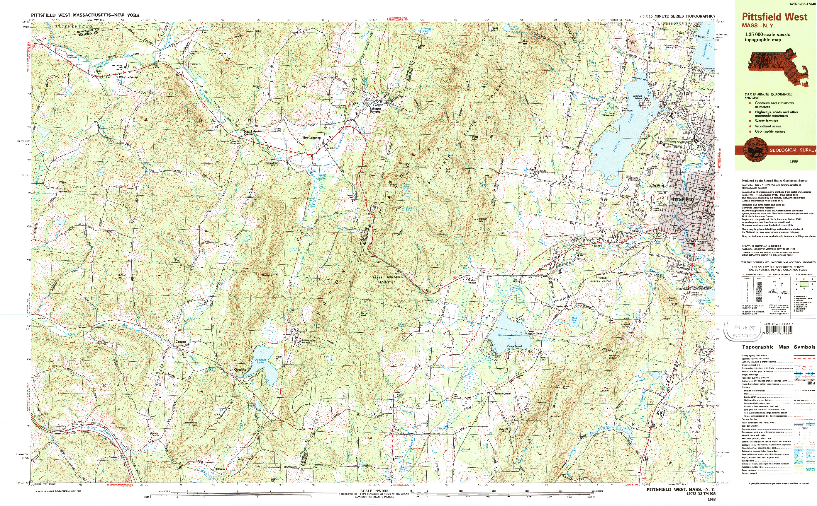 USGS 1:25000-SCALE QUADRANGLE FOR PITTSFIELD WEST, MA 1988