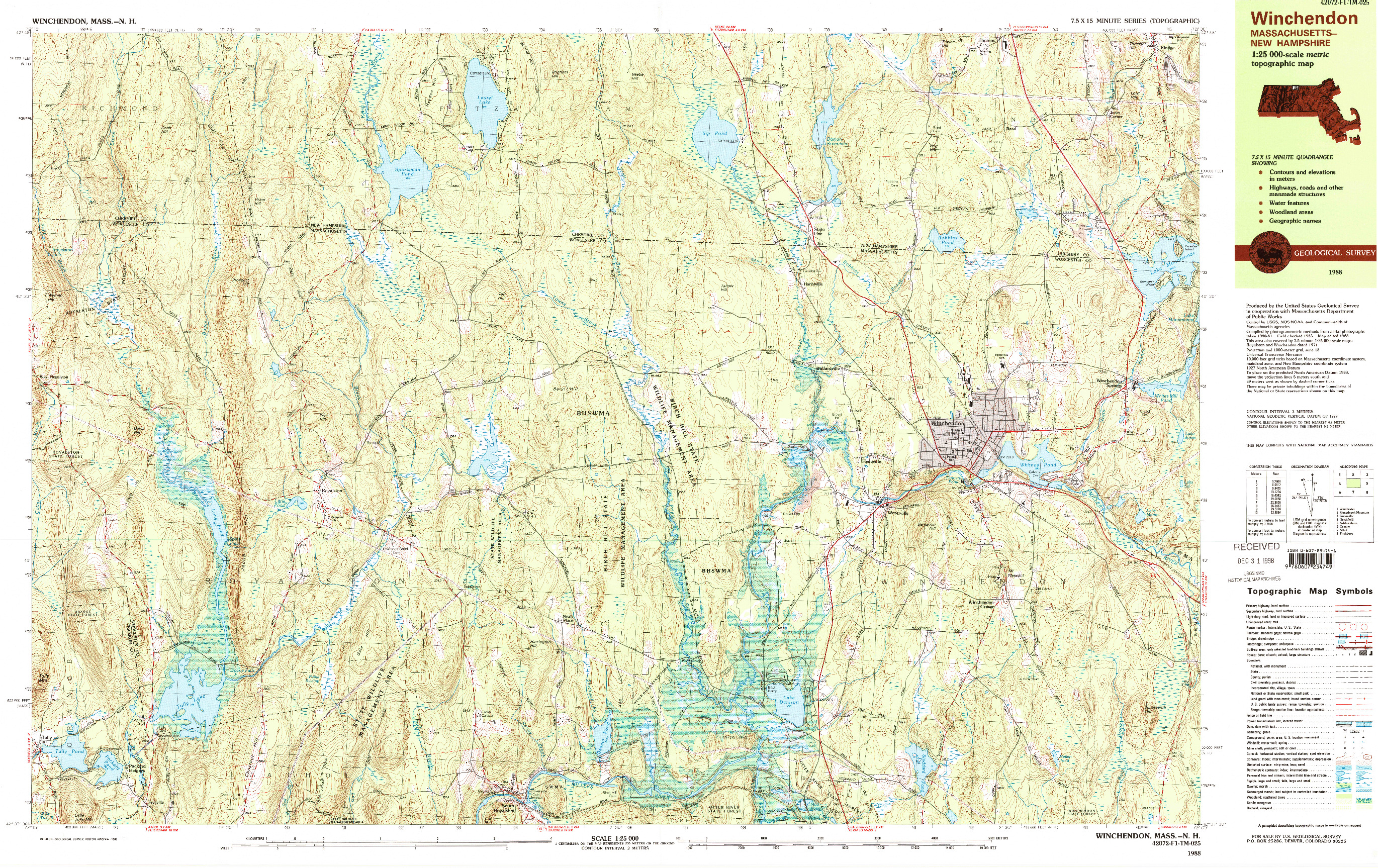 USGS 1:25000-SCALE QUADRANGLE FOR WINCHENDON, MA 1988