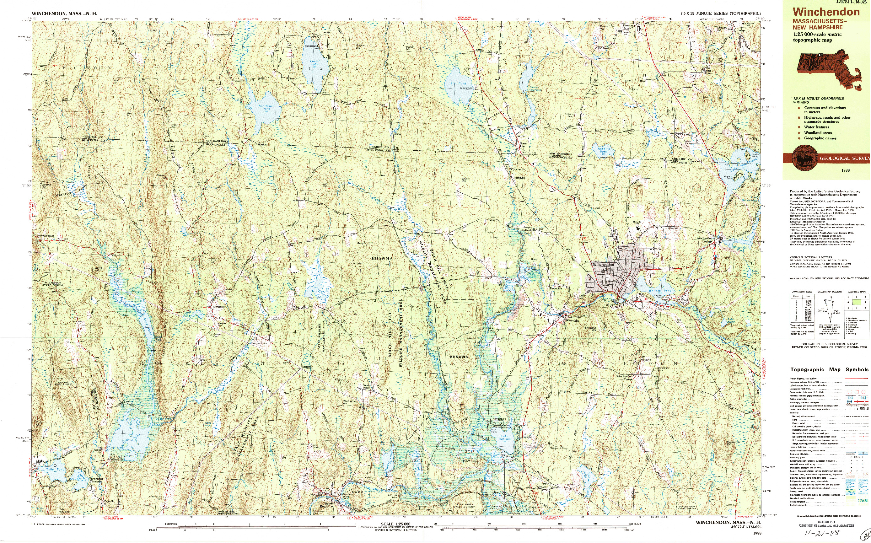 USGS 1:25000-SCALE QUADRANGLE FOR WINCHENDON, MA 1988