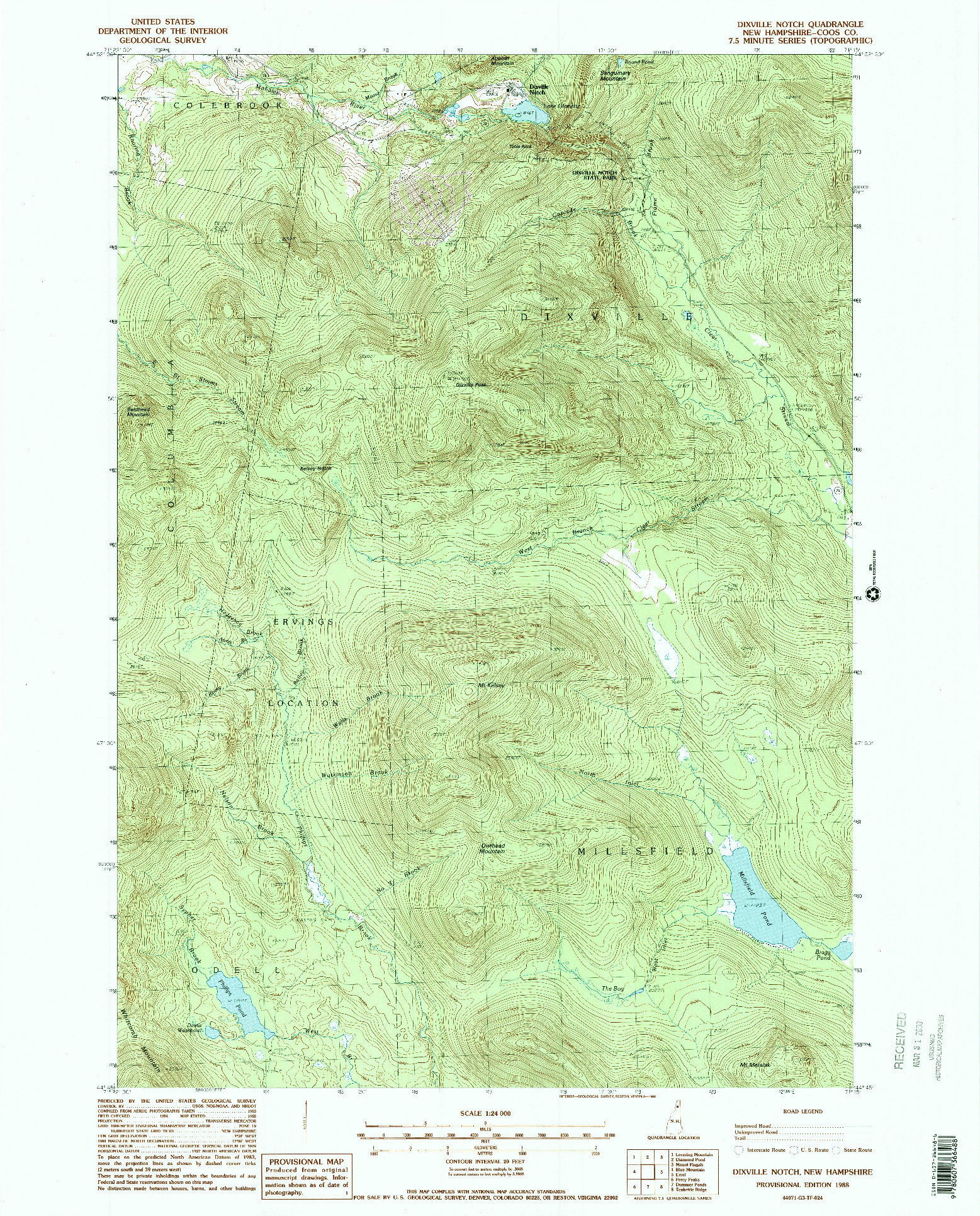 USGS 1:24000-SCALE QUADRANGLE FOR DIXVILLE NOTCH, NH 1988
