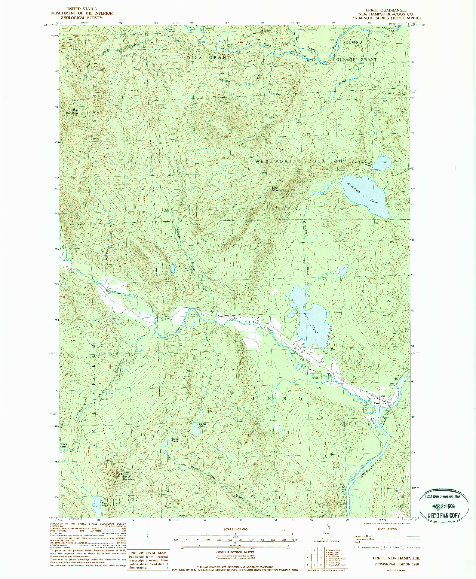 USGS 1:24000-SCALE QUADRANGLE FOR ERROL, NH 1988