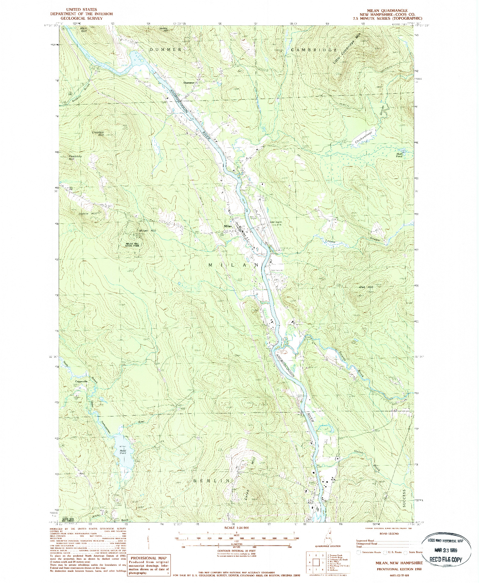 USGS 1:24000-SCALE QUADRANGLE FOR MILAN, NH 1988