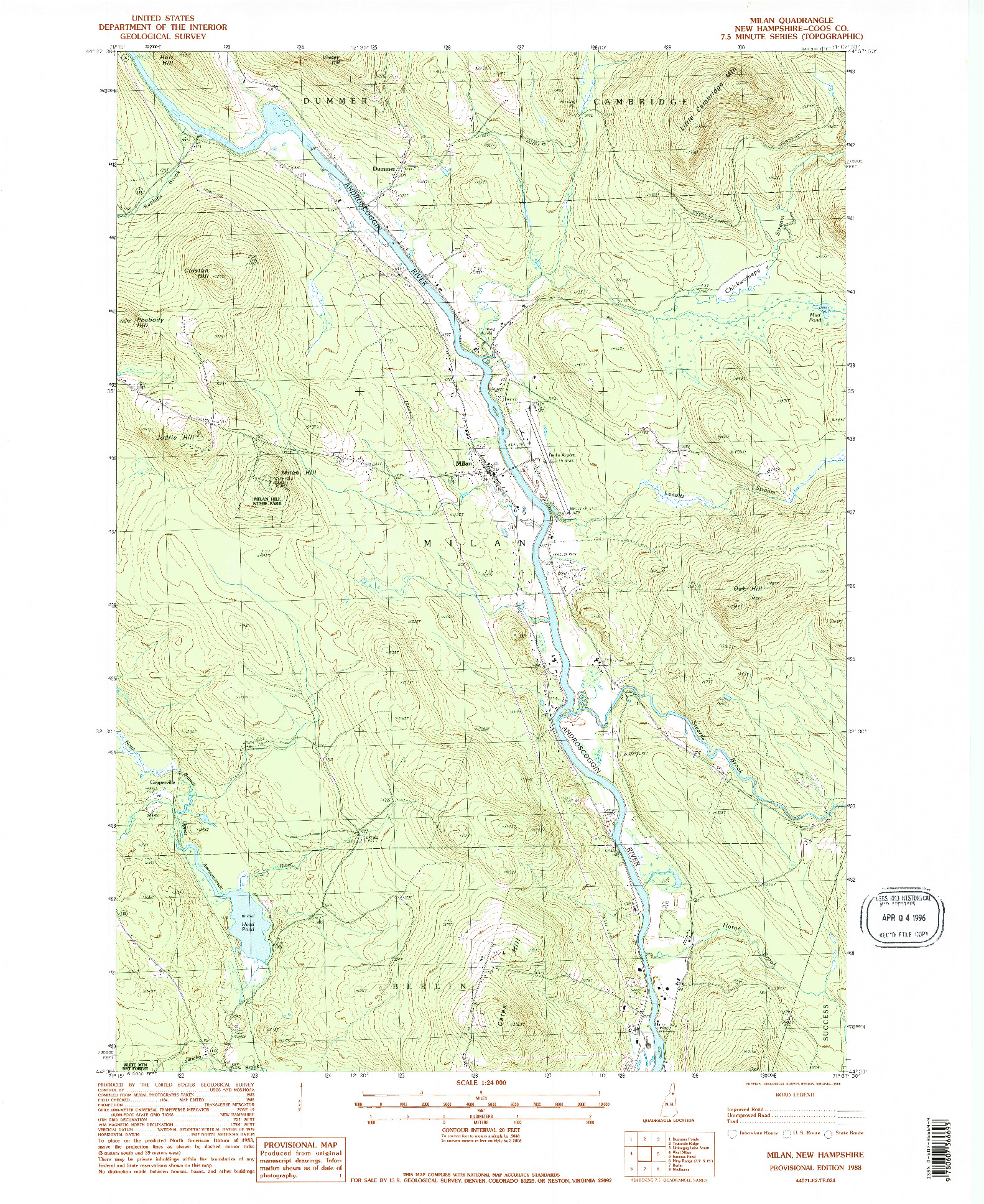 USGS 1:24000-SCALE QUADRANGLE FOR MILAN, NH 1988