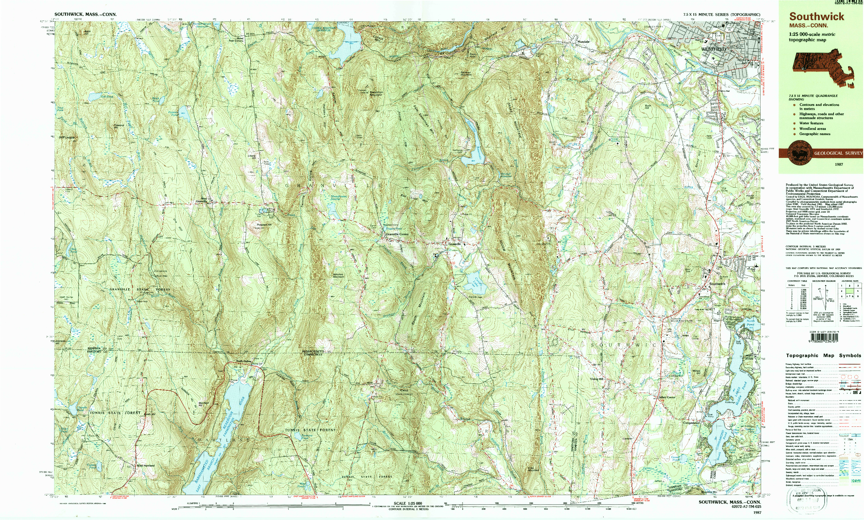 USGS 1:25000-SCALE QUADRANGLE FOR SOUTHWICK, MA 1987