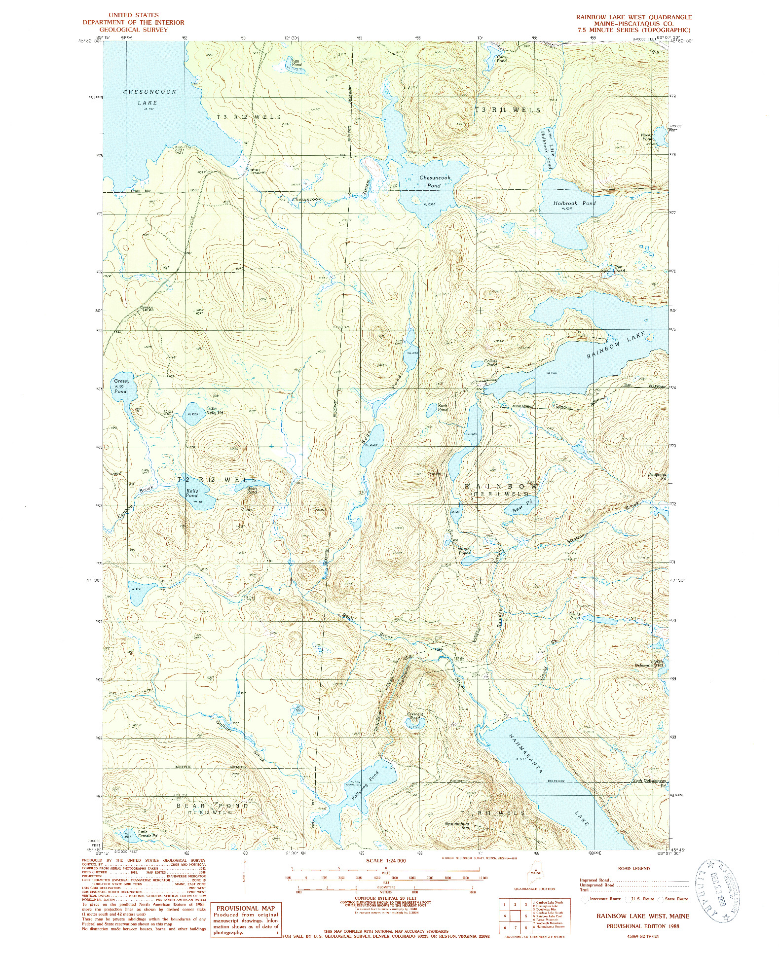 USGS 1:24000-SCALE QUADRANGLE FOR RAINBOW LAKE WEST, ME 1988