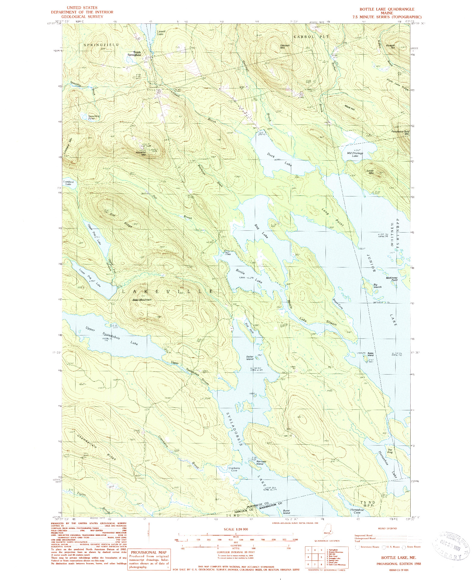 USGS 1:24000-SCALE QUADRANGLE FOR BOTTLE LAKE, ME 1988