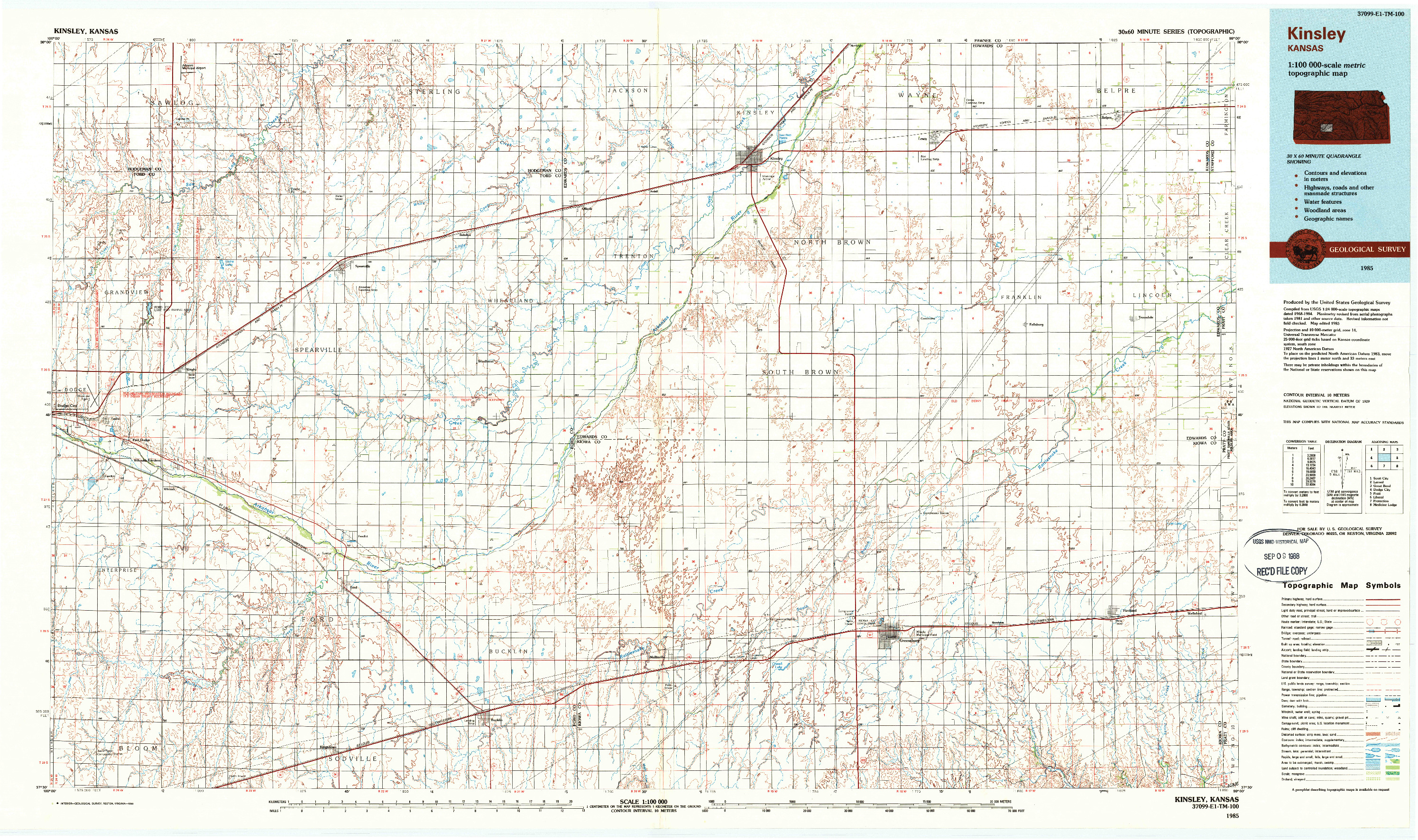 USGS 1:100000-SCALE QUADRANGLE FOR KINSLEY, KS 1985