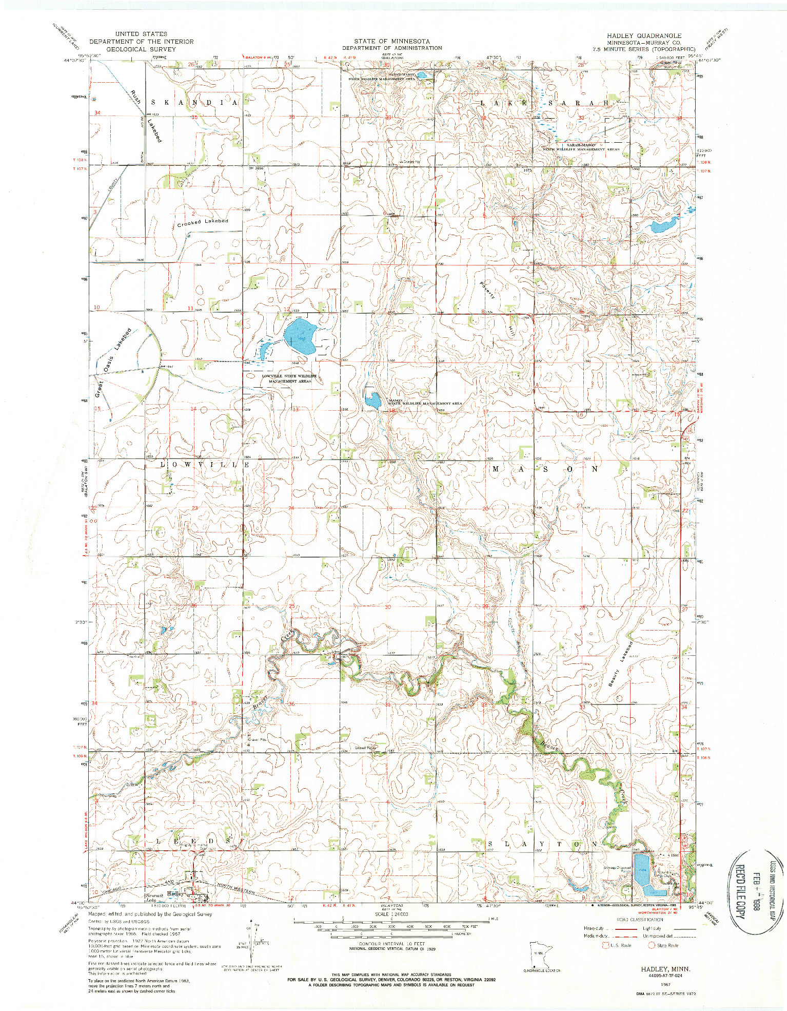 USGS 1:24000-SCALE QUADRANGLE FOR HADLEY, MN 1967