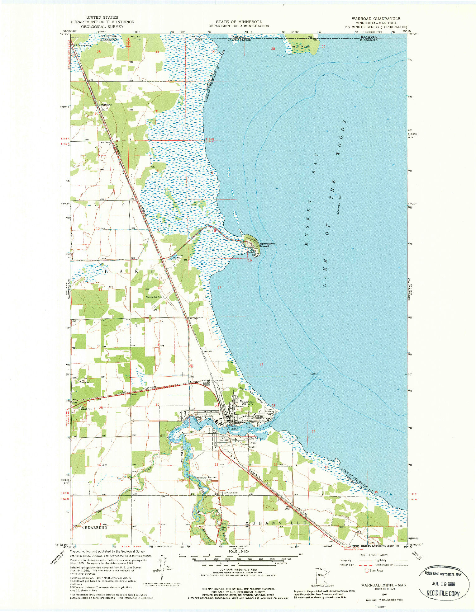 USGS 1:24000-SCALE QUADRANGLE FOR WARROAD, MN 1967
