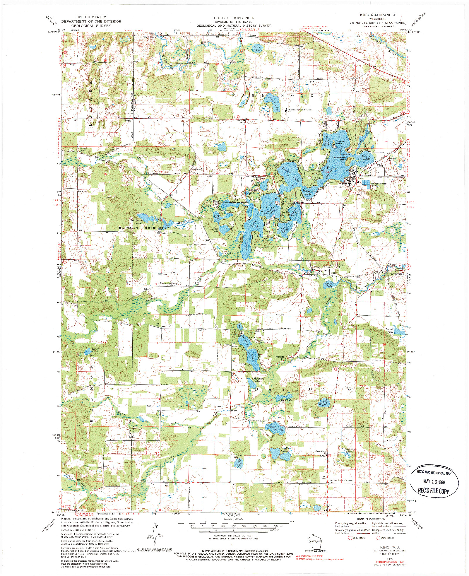 USGS 1:24000-SCALE QUADRANGLE FOR KING, WI 1969